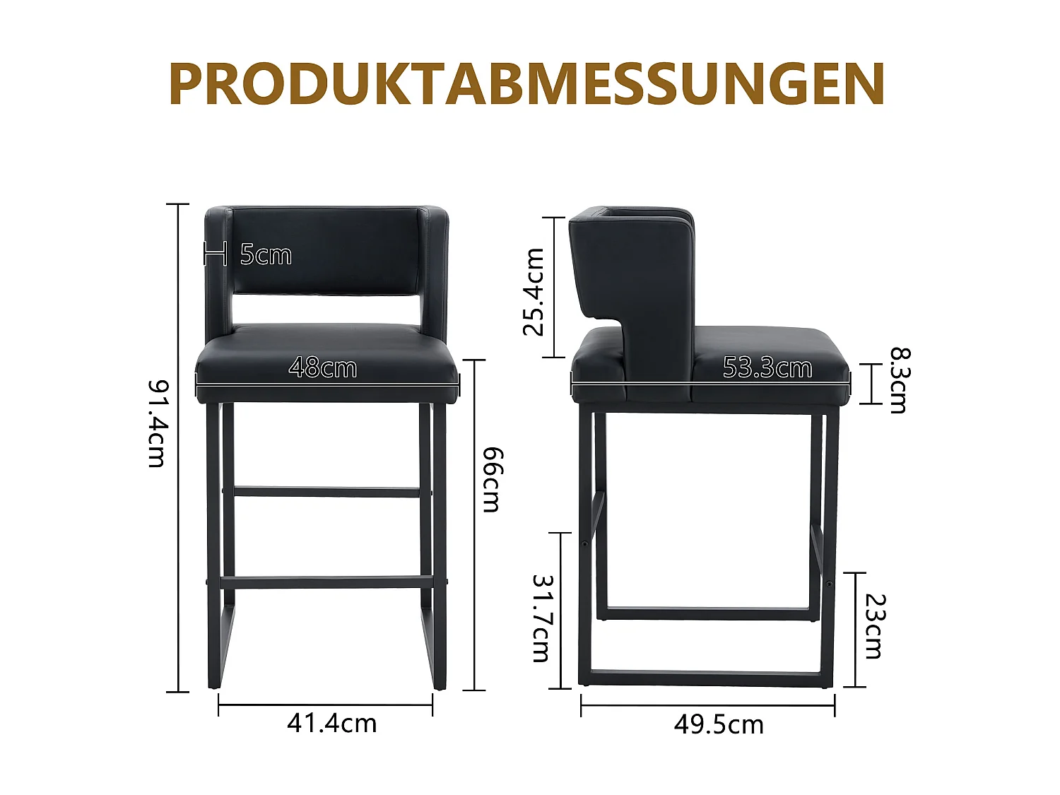 Lot de 2 tabourets de bar en PU avec pieds en métal - Design nordique - Noir