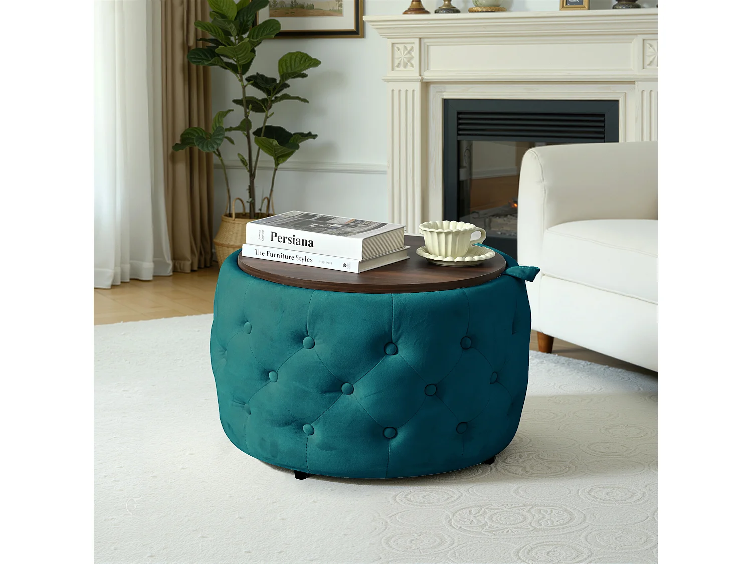 Pouf coffre rond en tissu velours avec rangement – Tabouret multifonction bleu 60 cm +37 cm