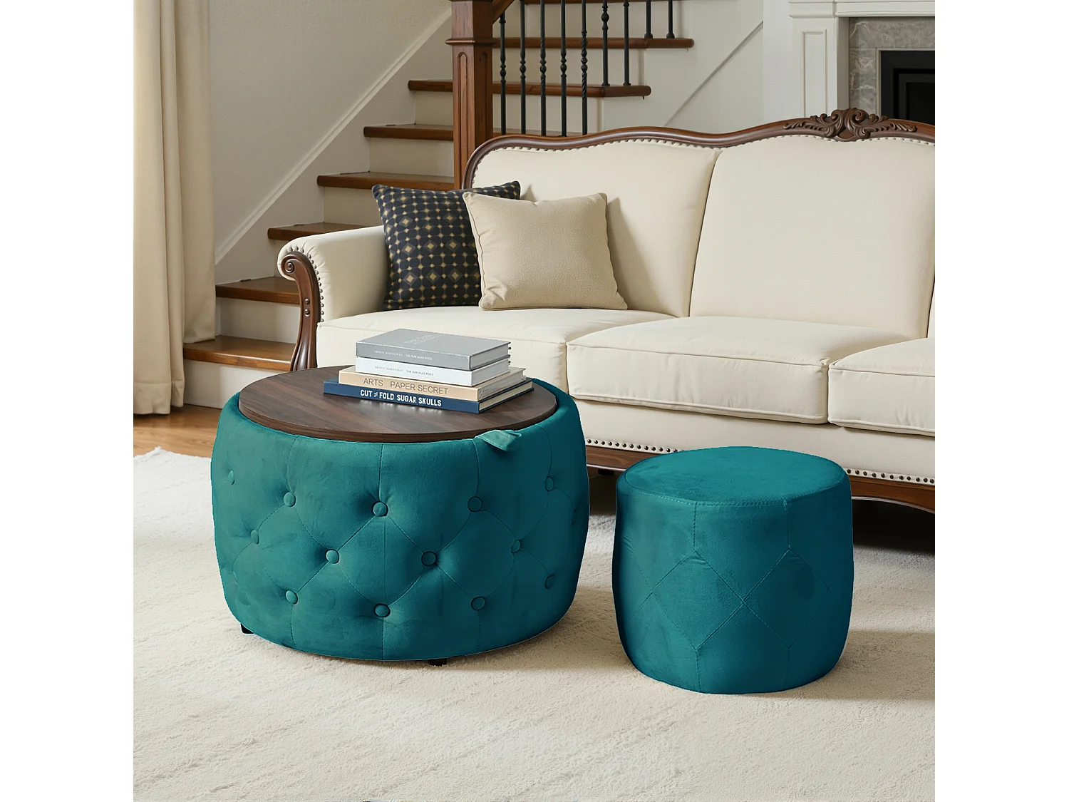 Pouf coffre rond en tissu velours avec rangement – Tabouret multifonction bleu 60 cm +37 cm