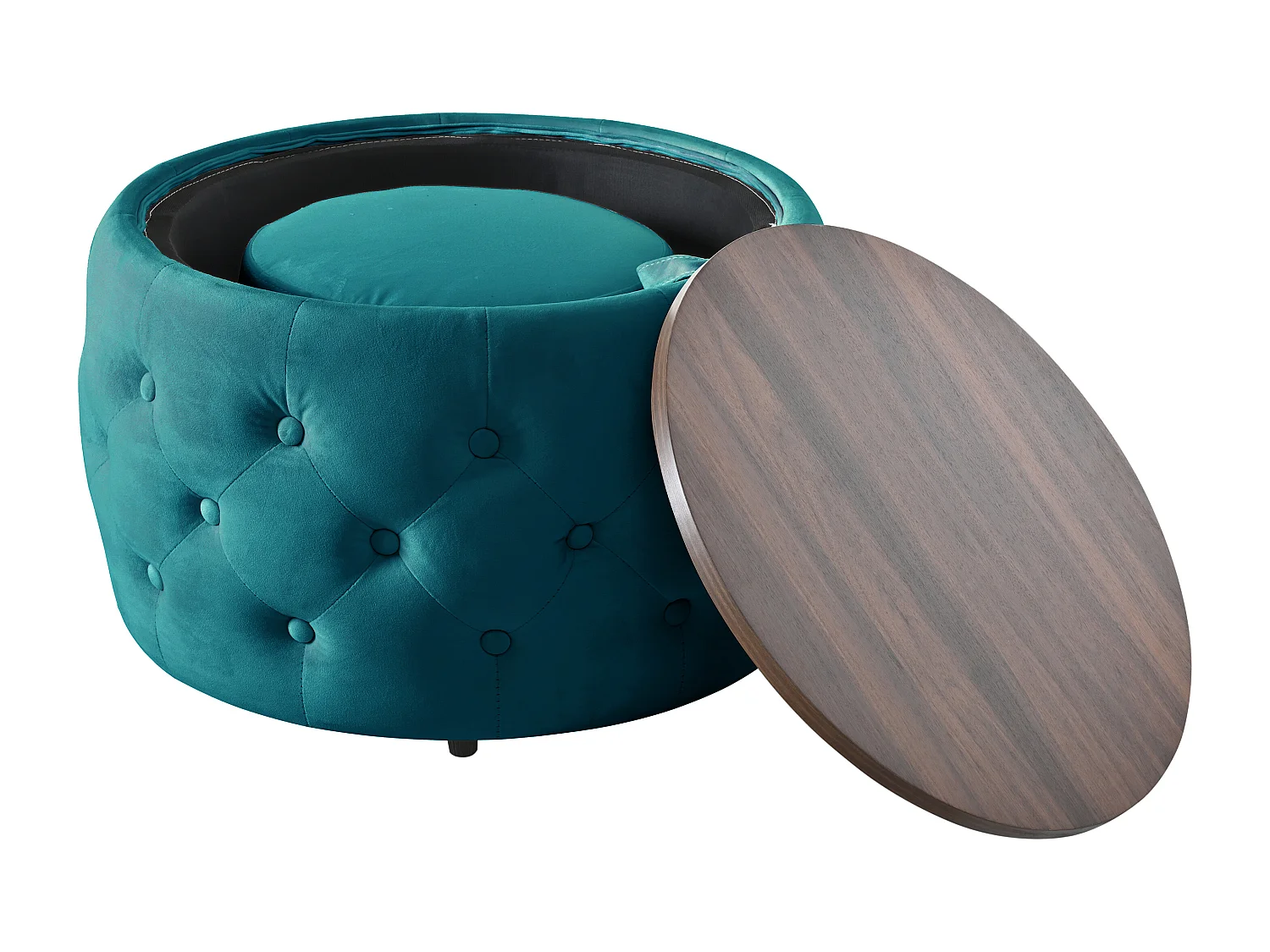 Pouf coffre rond en tissu velours avec rangement – Tabouret multifonction bleu 60 cm +37 cm