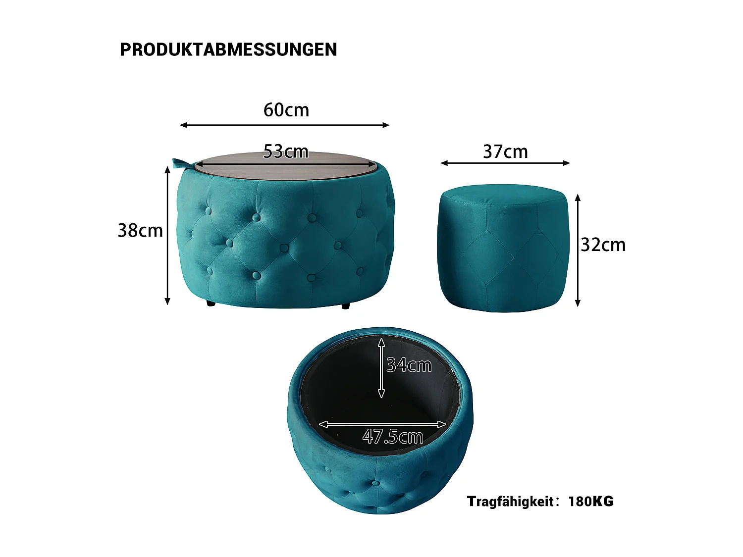 Pouf coffre rond en tissu velours avec rangement – Tabouret multifonction bleu 60 cm +37 cm