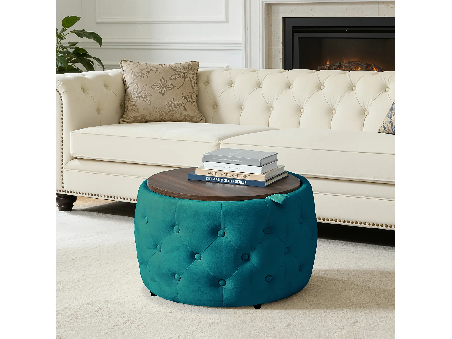 Pouf coffre rond en tissu velours avec rangement – Tabouret multifonction bleu 60 cm +37 cm