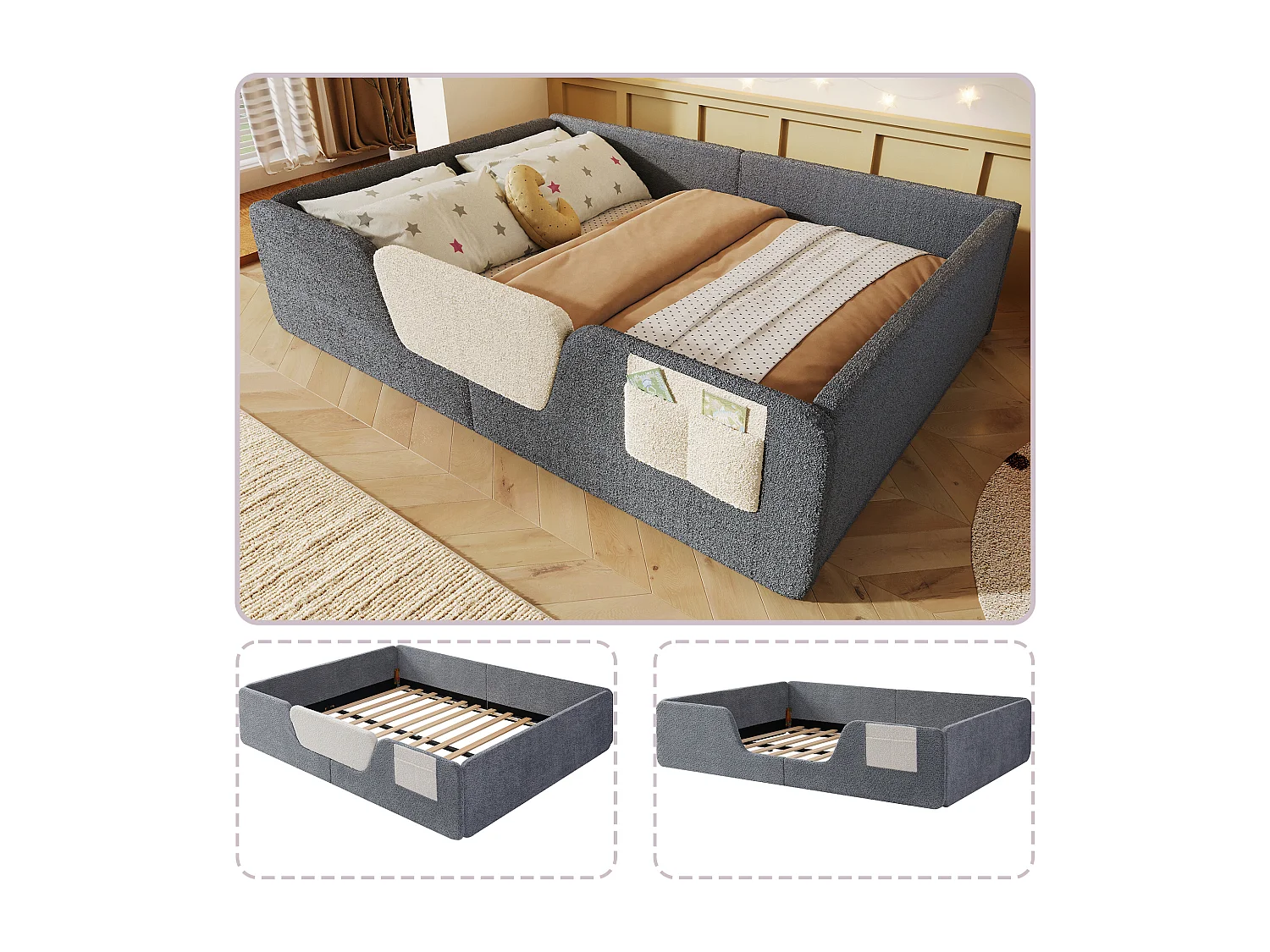 Lit adulte / enfant 140 x 190 cm avec barrières de sécurité amovibles - Tissu gris