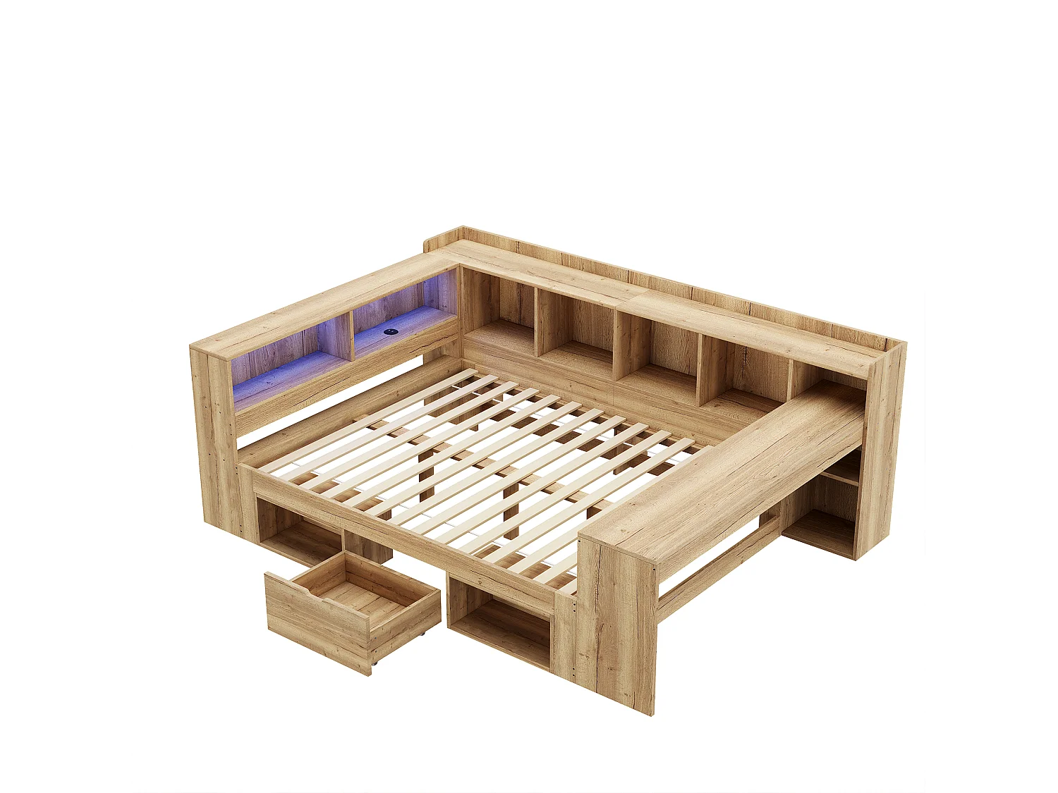 Cama para adultos de 140x200 cm con escritorio, iluminación LED, puertos USB/Tipo-C y espacio de almacenamiento - Color madera natural