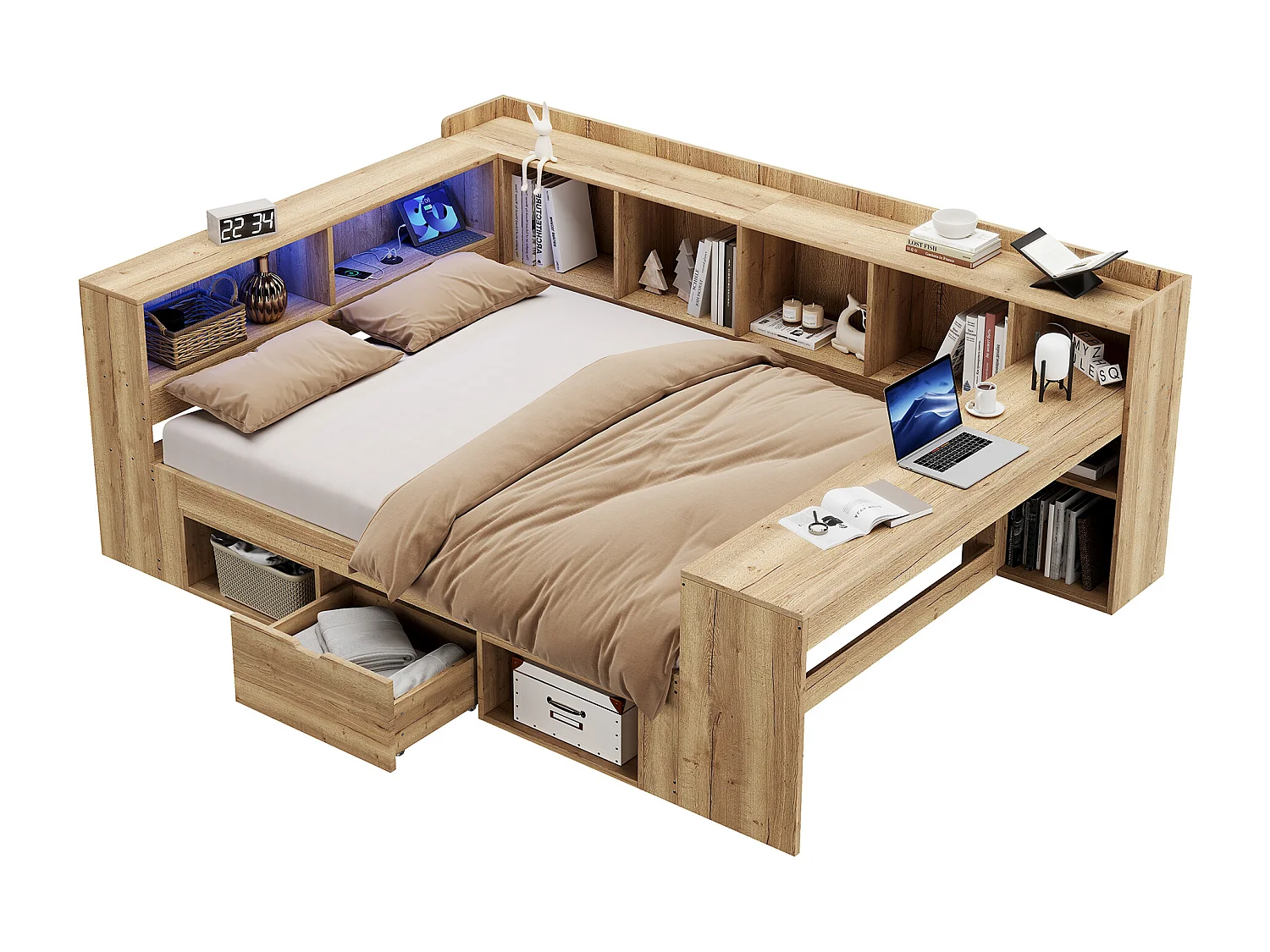 Cama para adultos de 140x200 cm con escritorio, iluminación LED, puertos USB/Tipo-C y espacio de almacenamiento - Color madera natural