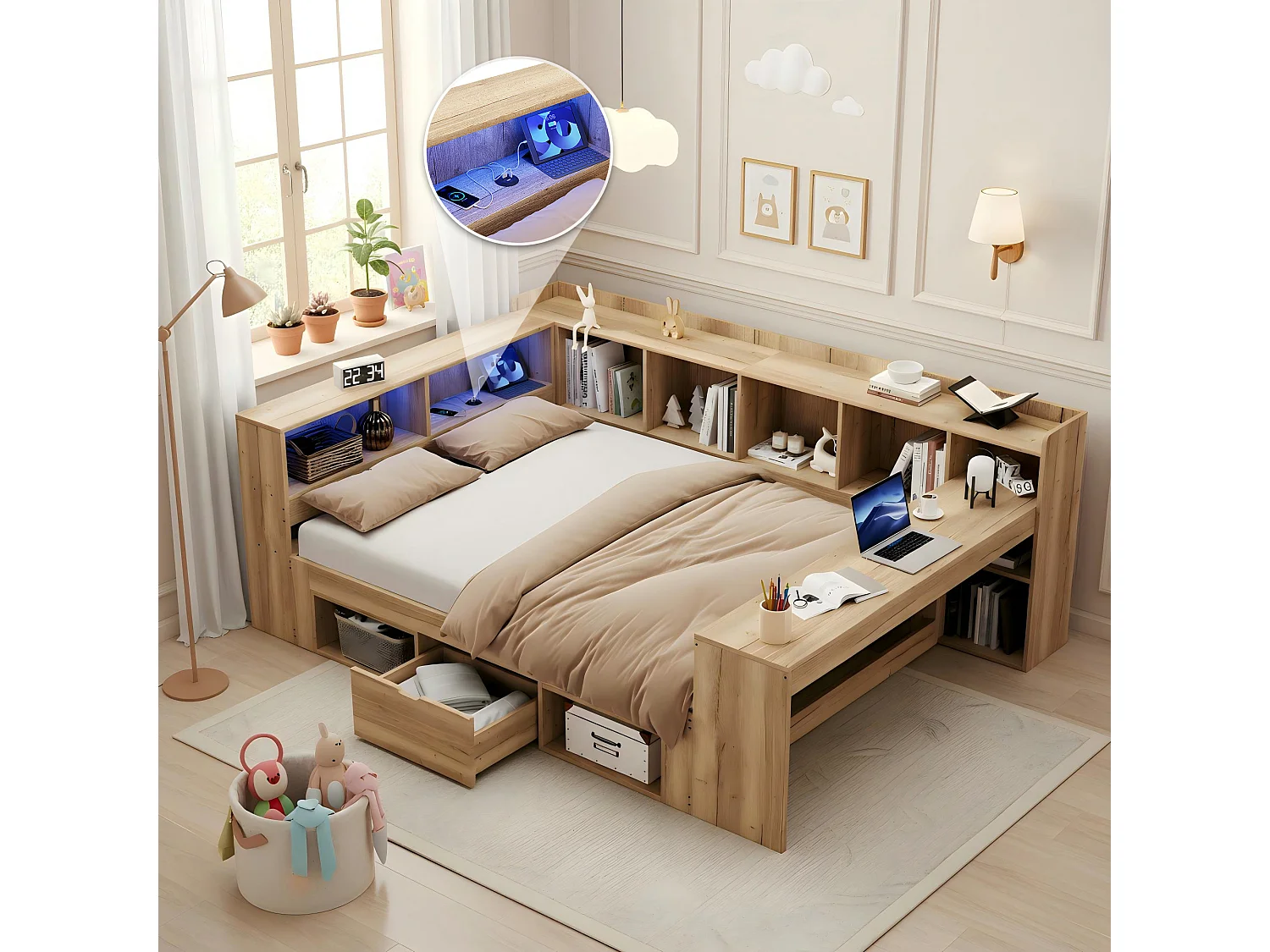 Cama para adultos de 140x200 cm con escritorio, iluminación LED, puertos USB/Tipo-C y espacio de almacenamiento - Color madera natural