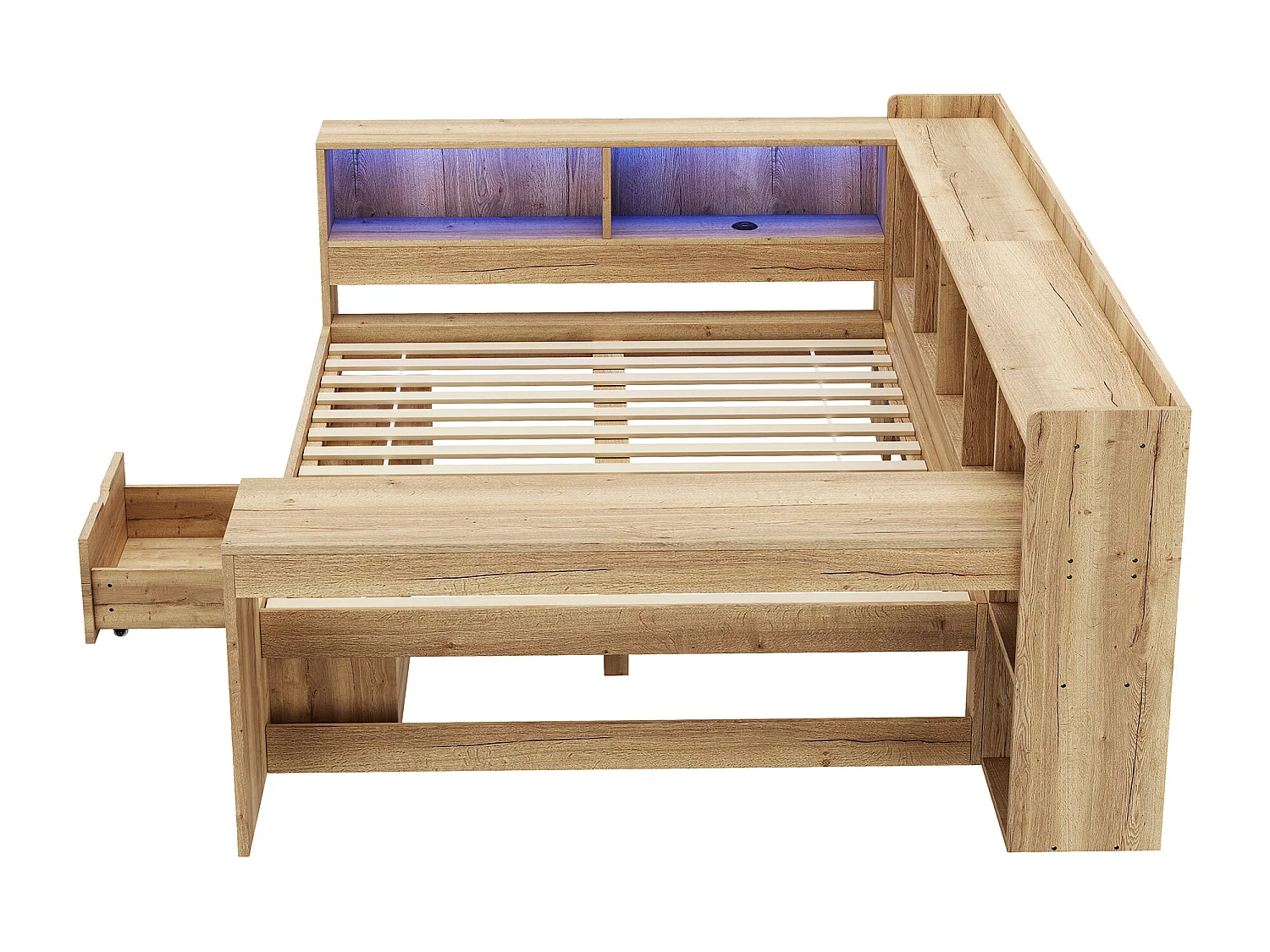 Cama para adultos de 140x200 cm con escritorio, iluminación LED, puertos USB/Tipo-C y espacio de almacenamiento - Color madera natural
