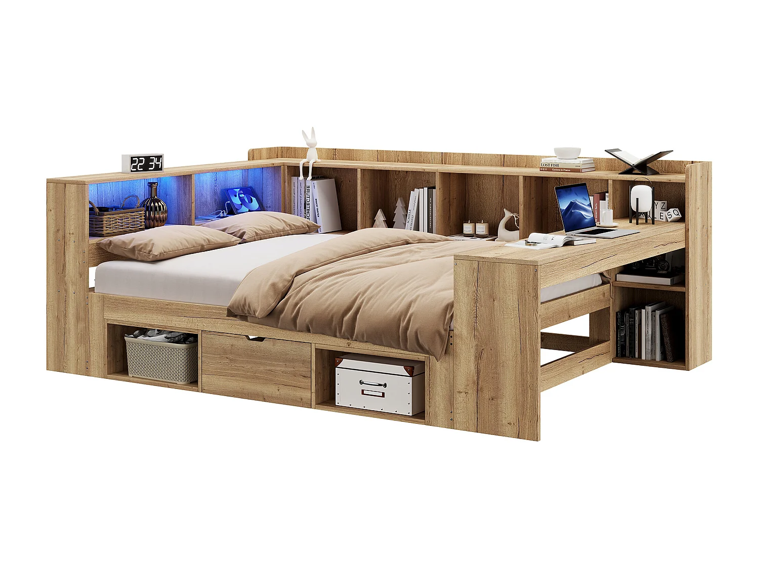 Cama para adultos de 140x200 cm con escritorio, iluminación LED, puertos USB/Tipo-C y espacio de almacenamiento - Color madera natural
