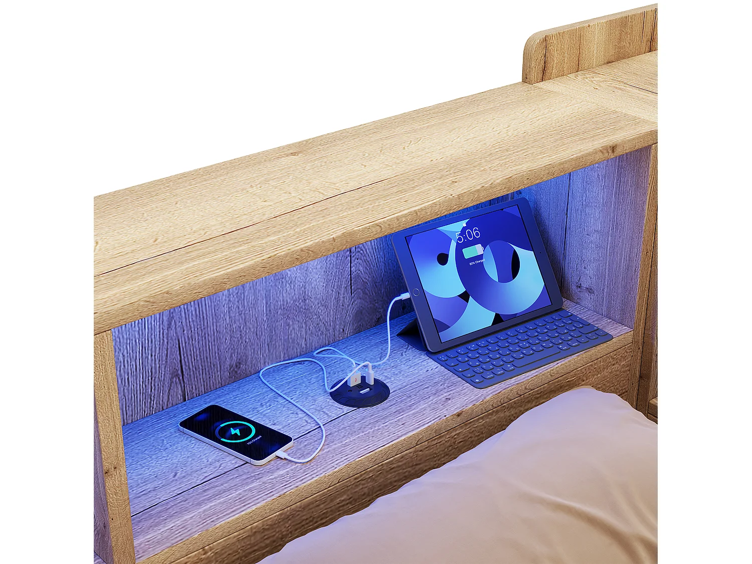 Cama para adultos de 140x200 cm con escritorio, iluminación LED, puertos USB/Tipo-C y espacio de almacenamiento - Color madera natural