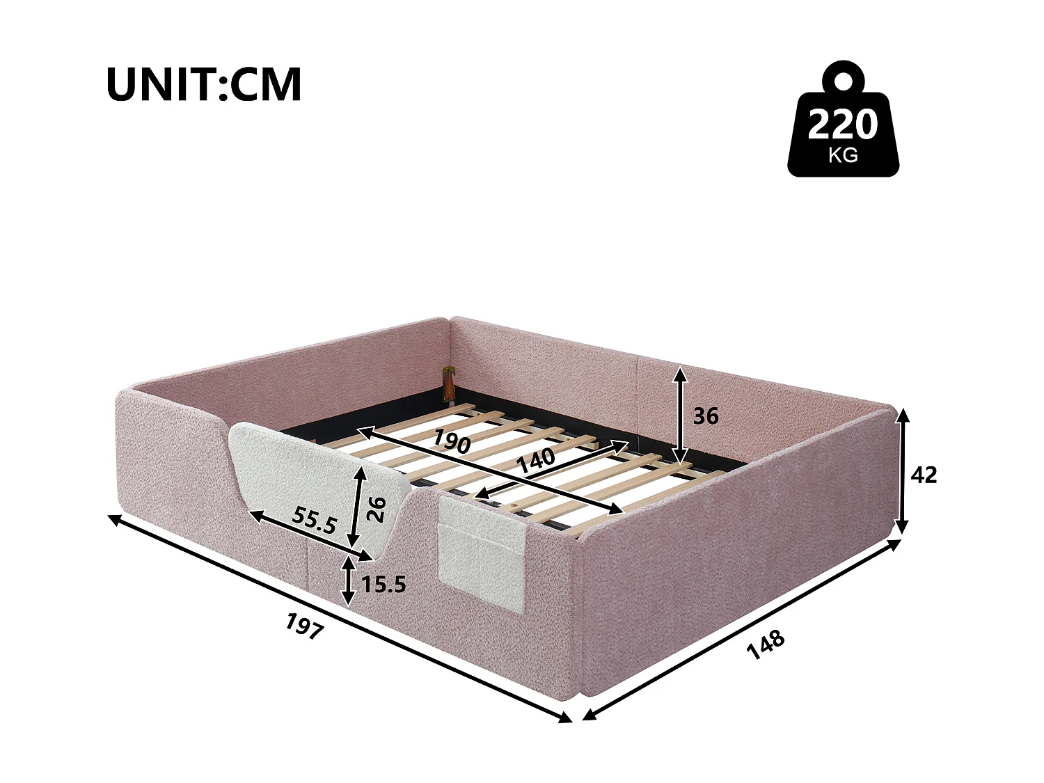 Lit adulte / enfant 140 x 190 cm avec barrières de sécurité amovibles - Tissu rose