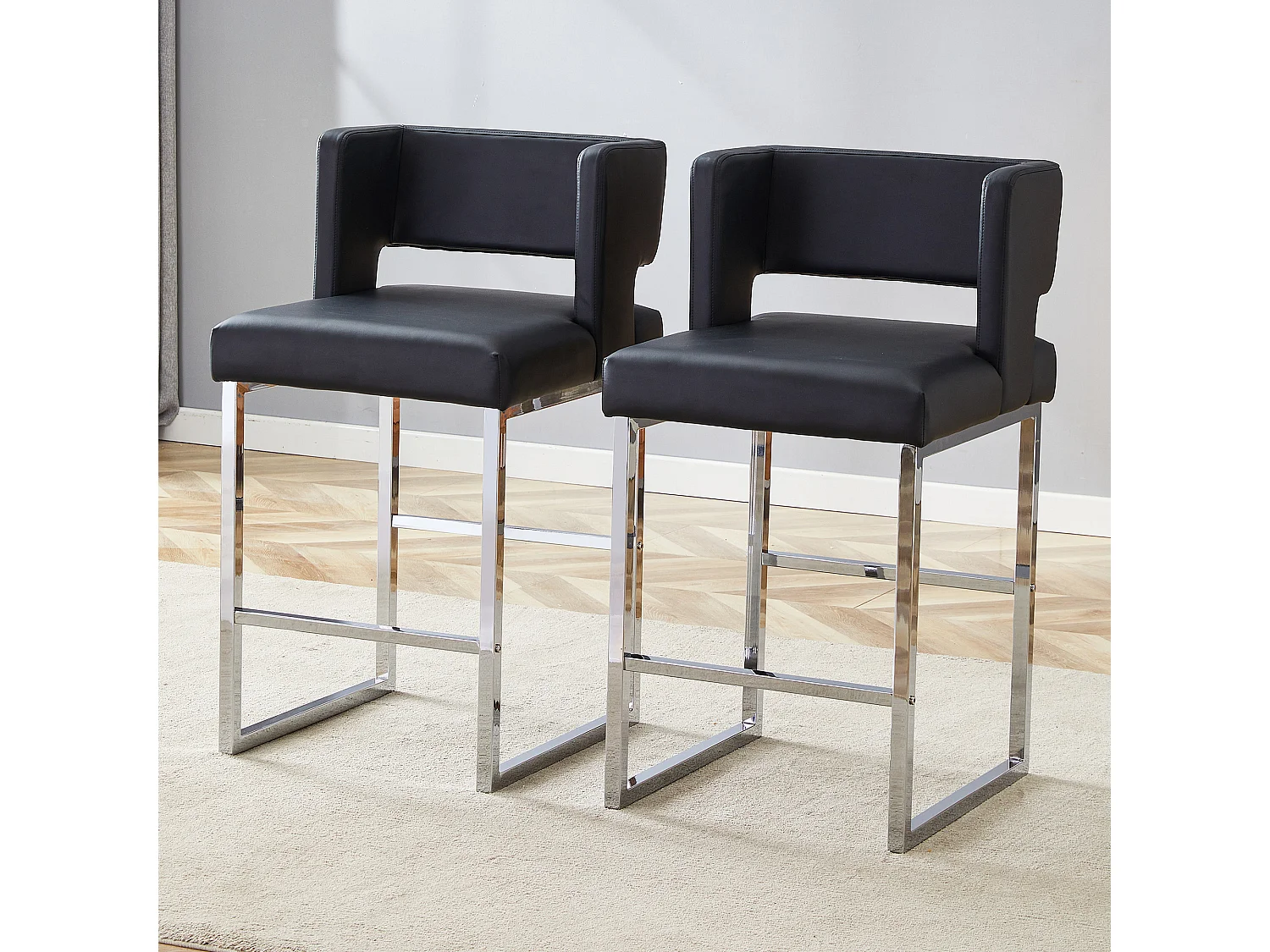 Lot de 2 tabourets de bar en PU noir avec pieds en métal argenté - Design nordique