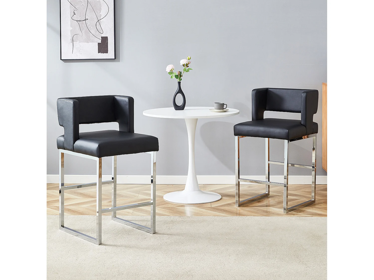Lot de 2 tabourets de bar en PU noir avec pieds en métal argenté - Design nordique