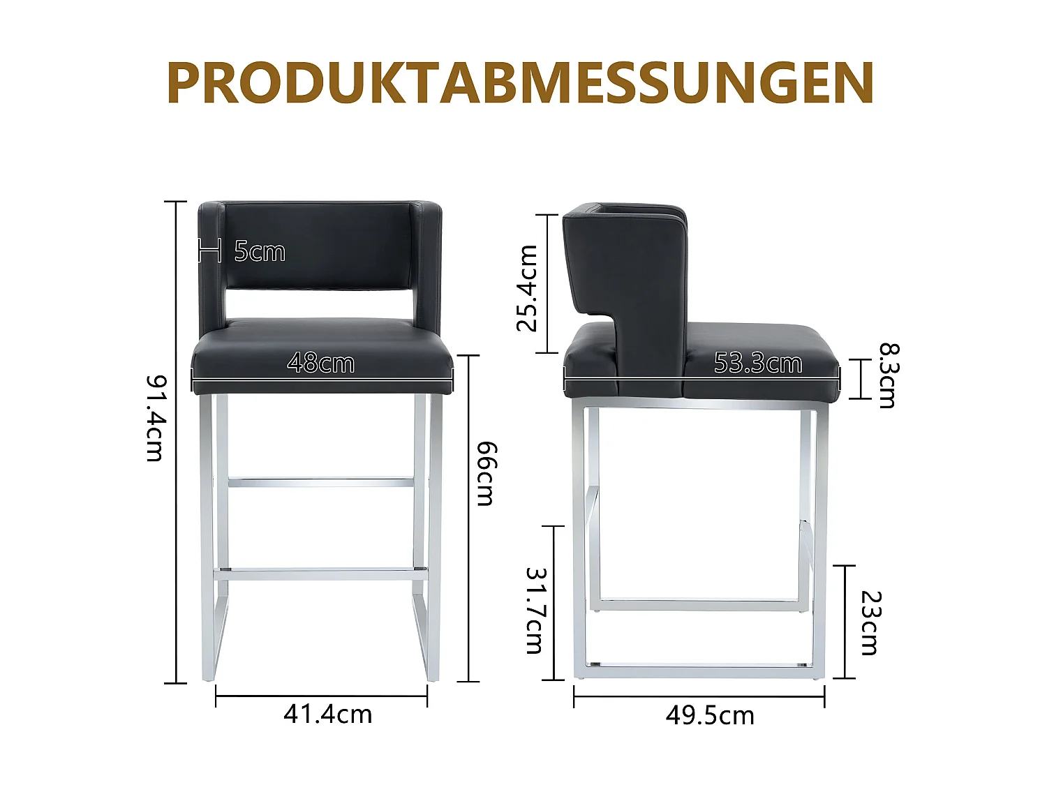 Lot de 2 tabourets de bar en PU noir avec pieds en métal argenté - Design nordique