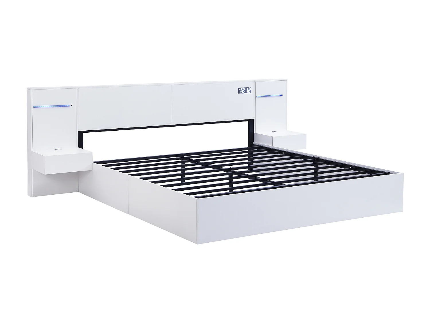 Cama de casal para adulto (180 x 200 cm) com porta USB, coluna Bluetooth e 2 mesas de cabeceira (sem gavetas) - Branca