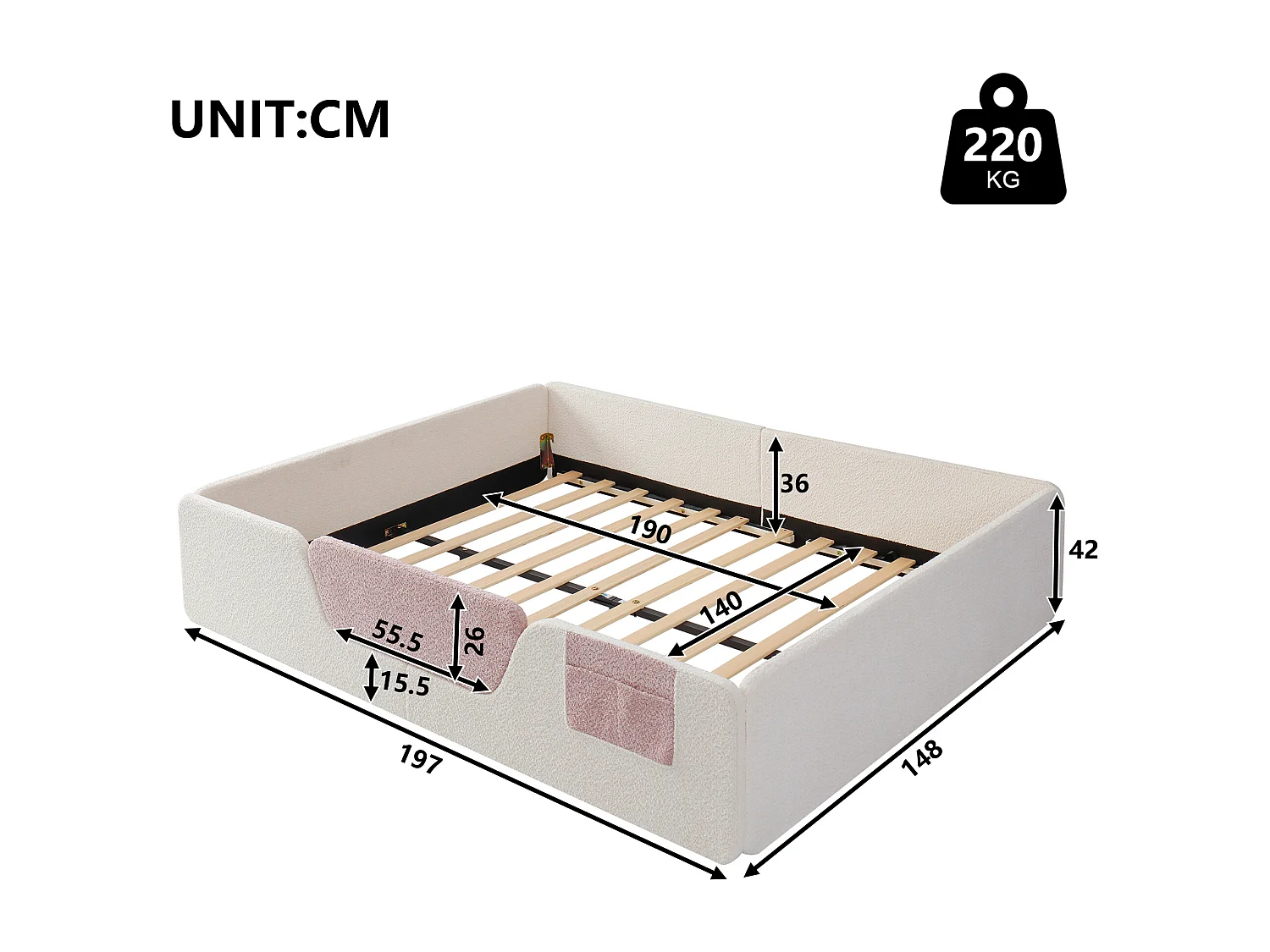 Lit adulte / enfant 140 x 190 cm avec barrières de sécurité amovibles - Tissu beige