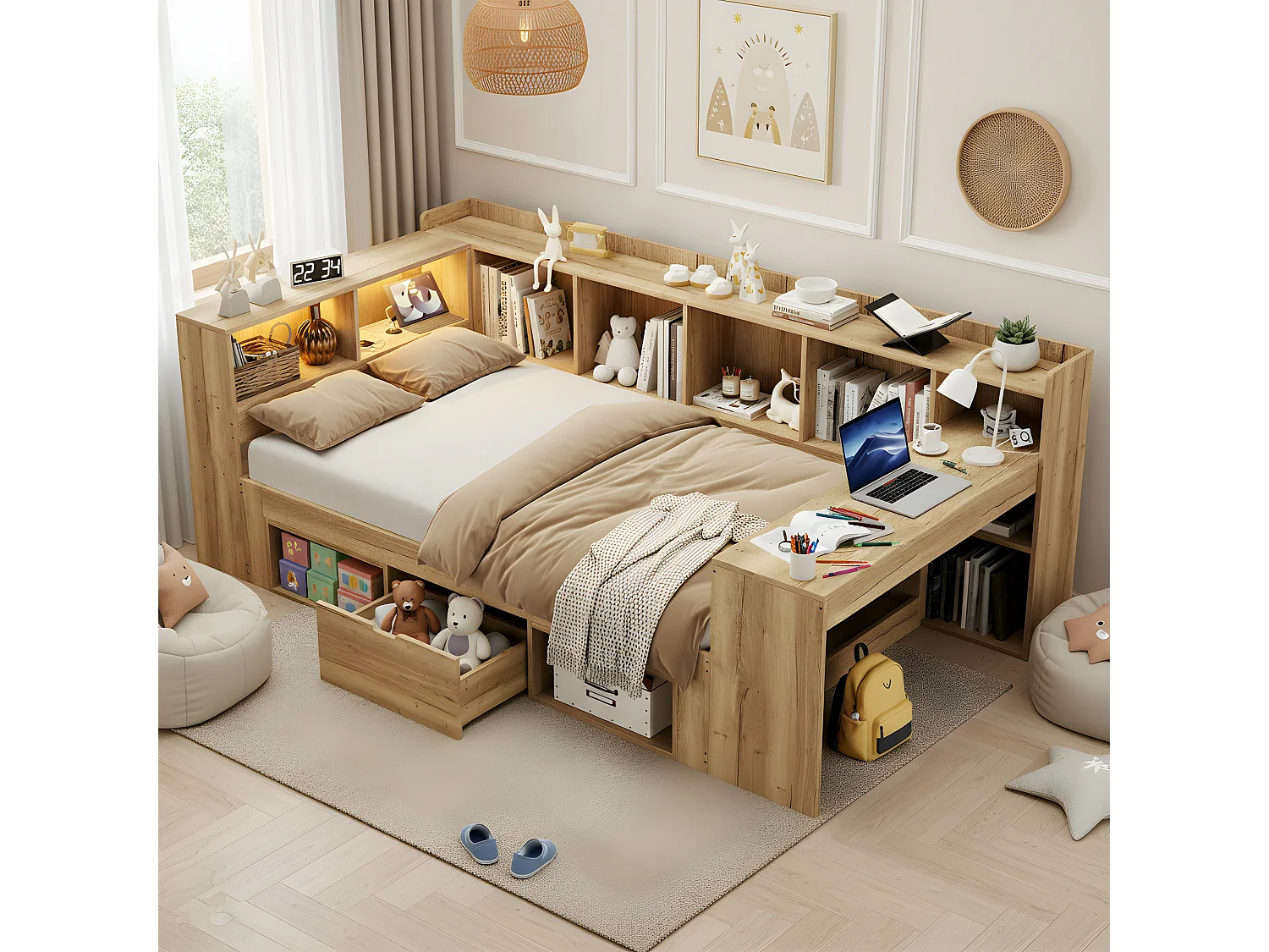 Lit enfant 90x200 cm avec bureau, LED, ports USB/Type-C et rangements - Couleur bois naturel