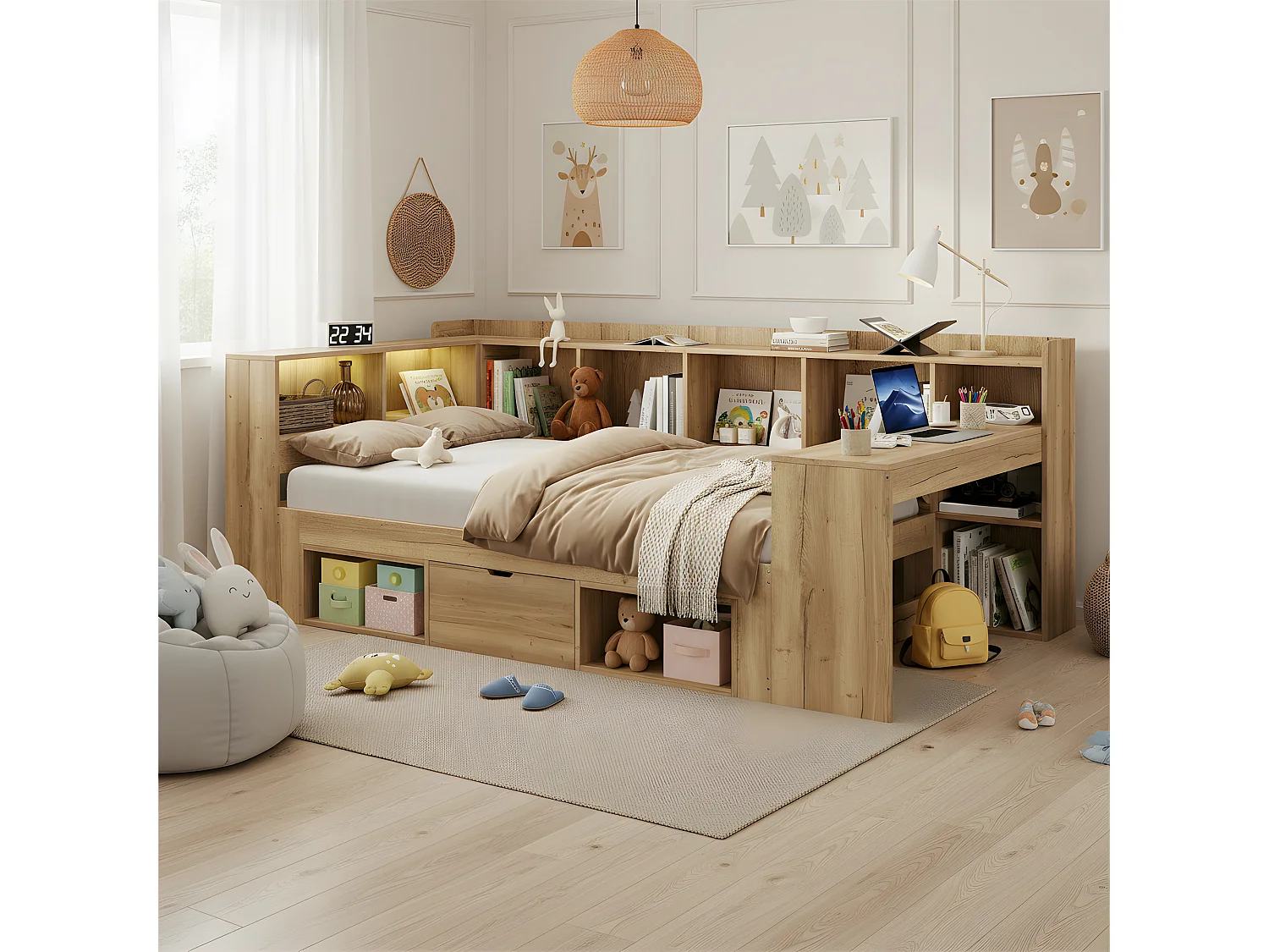 Lit enfant 90x200 cm avec bureau, LED, ports USB/Type-C et rangements - Couleur bois naturel