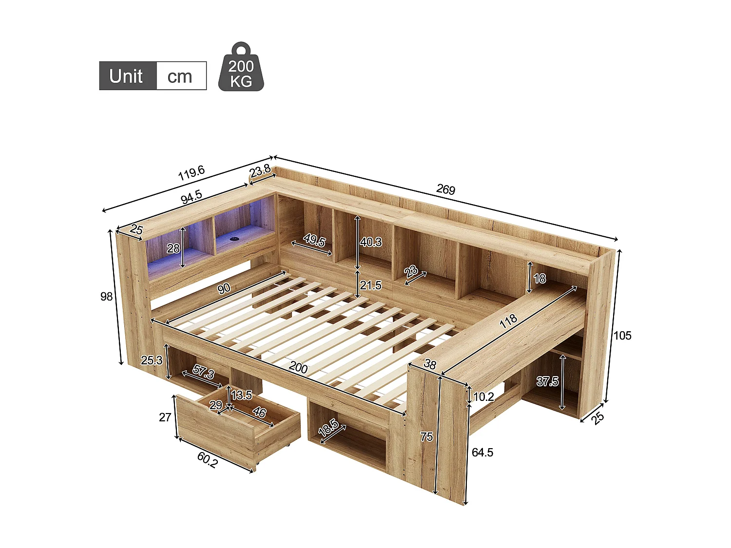 Lit enfant 90x200 cm avec bureau, LED, ports USB/Type-C et rangements - Couleur bois naturel