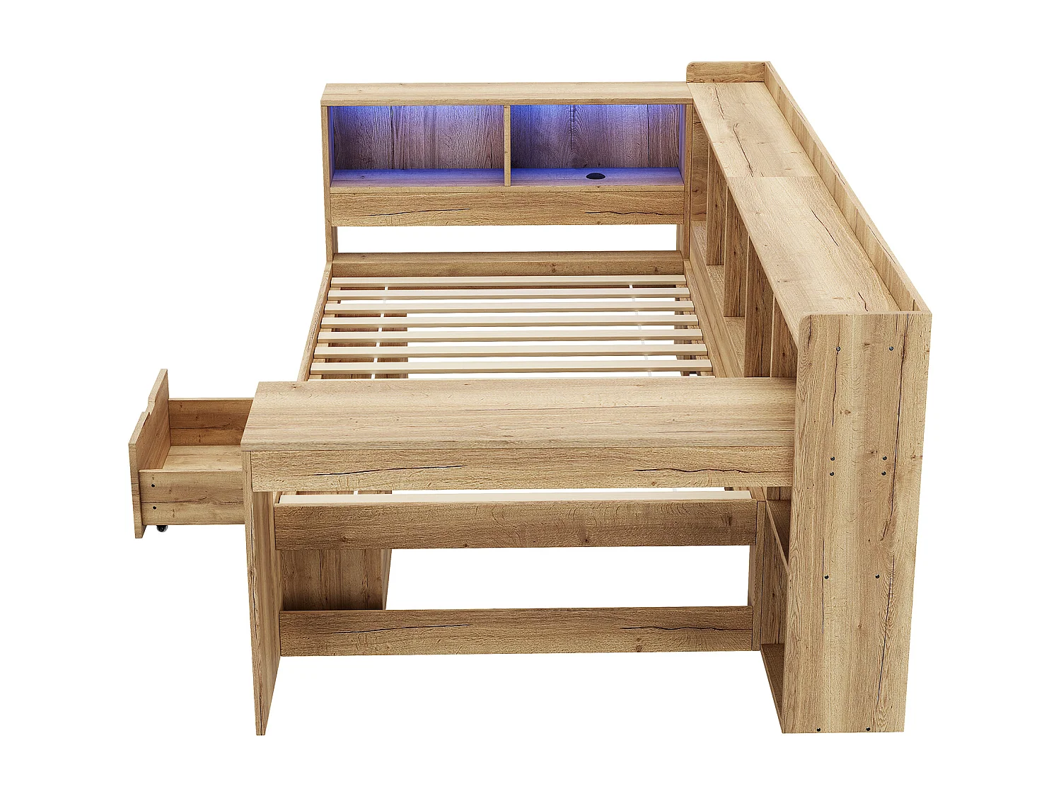 Lit enfant 90x200 cm avec bureau, LED, ports USB/Type-C et rangements - Couleur bois naturel