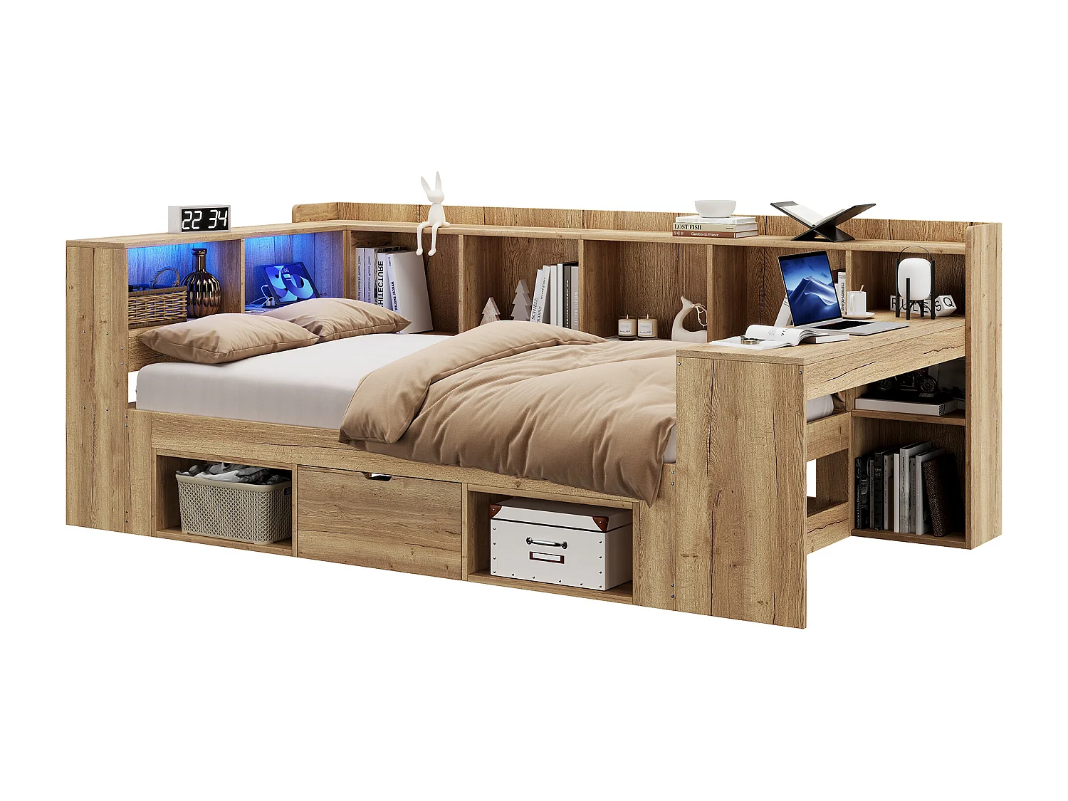 Lit enfant 90x200 cm avec bureau, LED, ports USB/Type-C et rangements - Couleur bois naturel