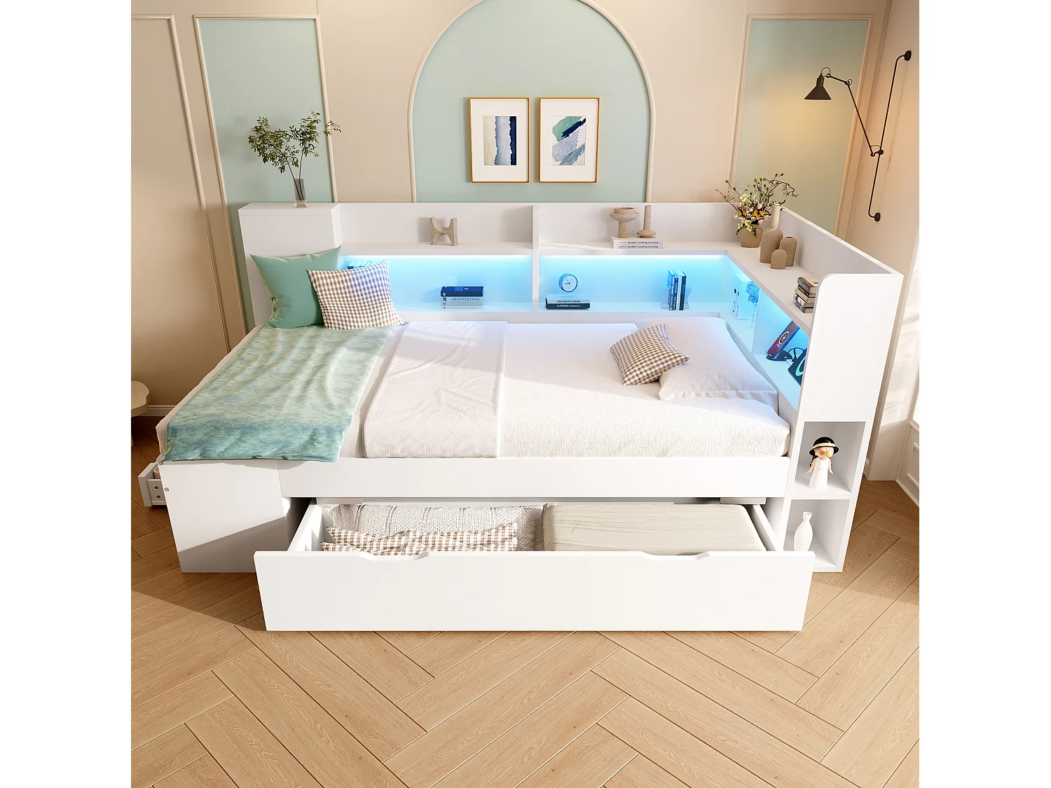 Lit adulte 90x200 cm bois blanc avec LED, ports USB, étagères et tiroirs( Avec matelas)