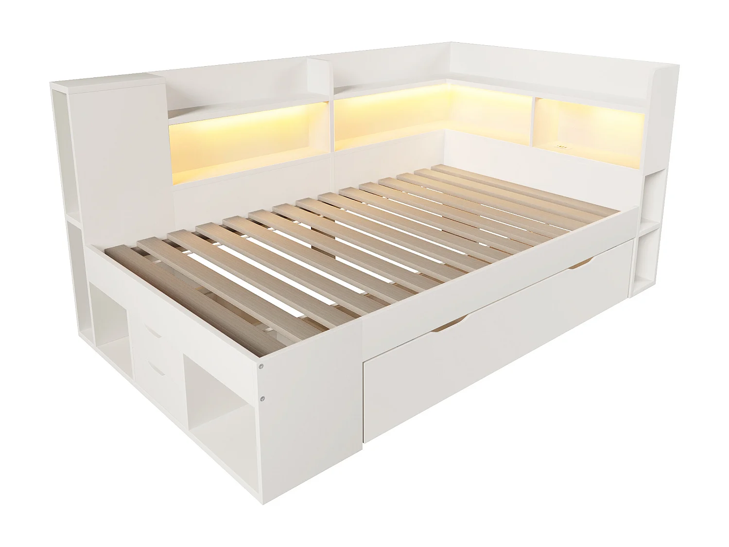 Lit adulte 90x200 cm bois blanc avec LED, ports USB, étagères et tiroirs( Avec matelas)
