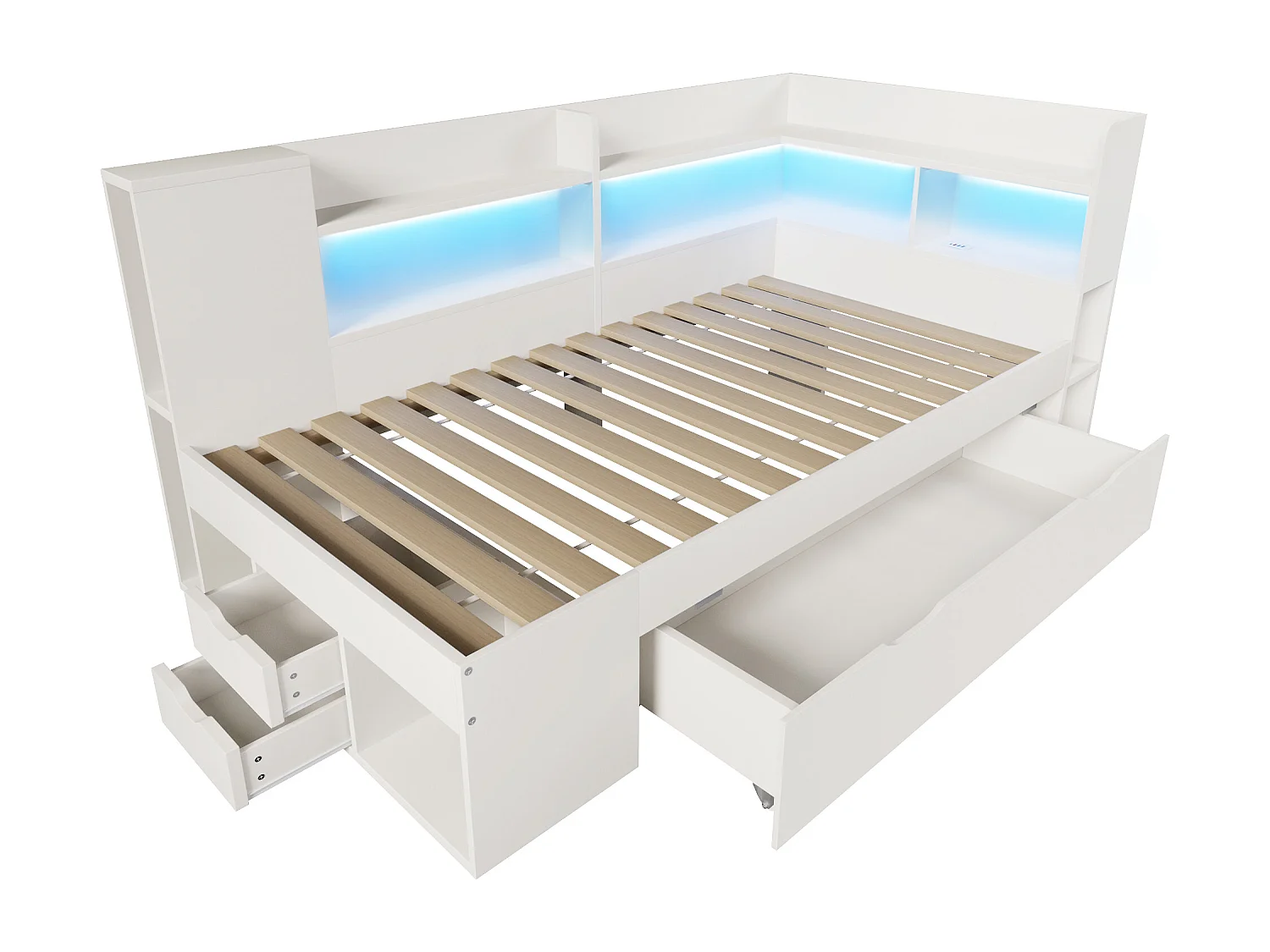 Lit adulte 90x200 cm bois blanc avec LED, ports USB, étagères et tiroirs( Avec matelas)