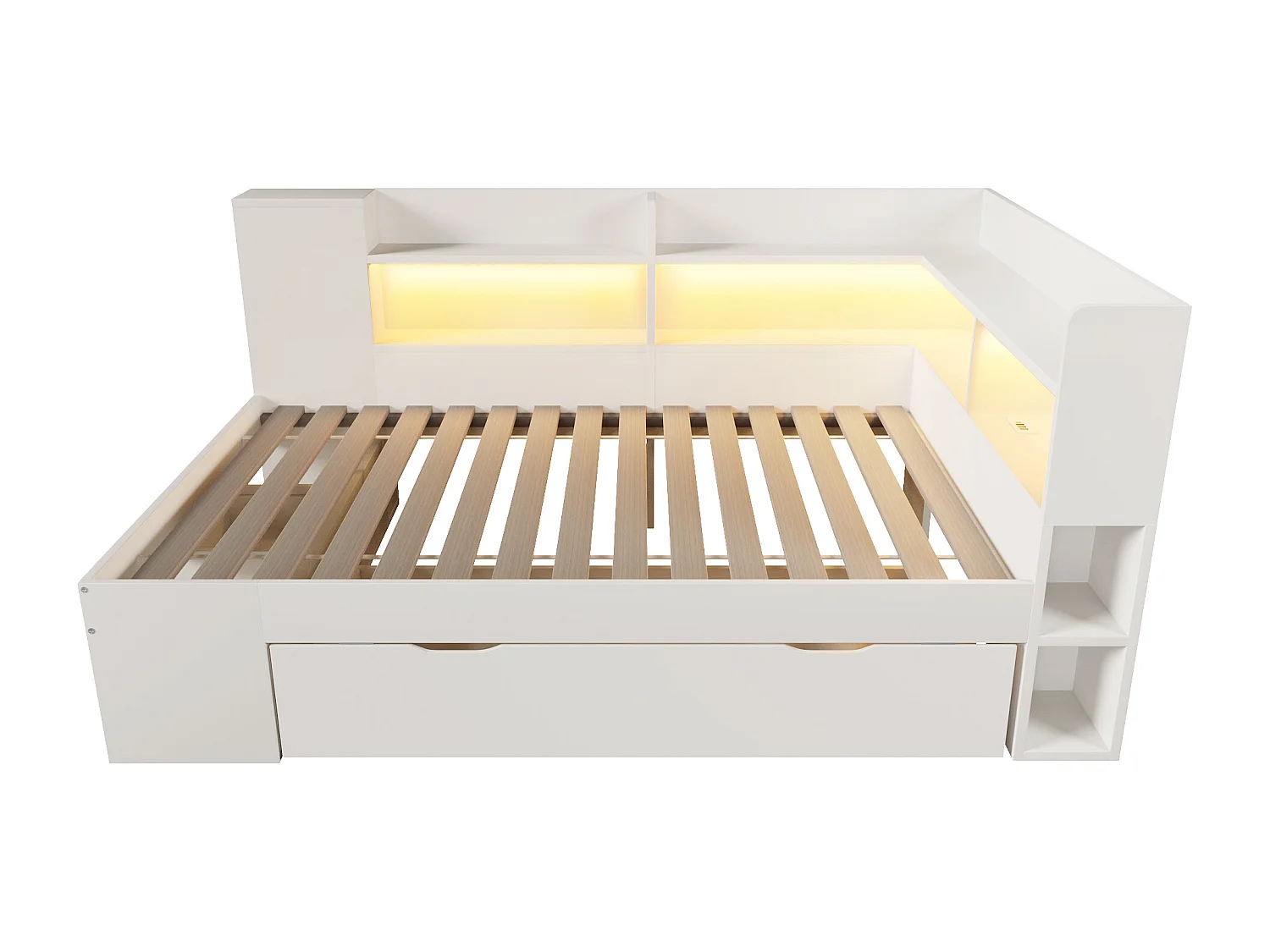 Lit adulte 90x200 cm bois blanc avec LED, ports USB, étagères et tiroirs( Avec matelas)