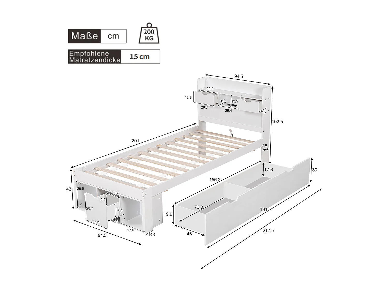 Lit enfant simple 90 x 200 cm avec port USB et tiroirs - Blanc