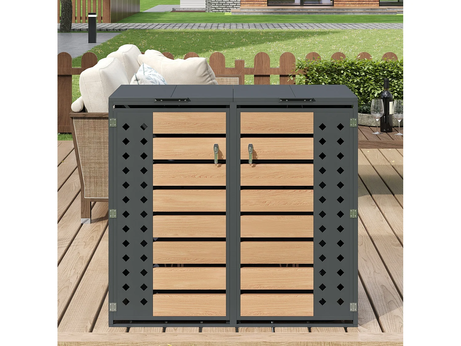 Abri pour 2 poubelles avec couvercle à charnière et verrouillable - Acier + bois - Gris