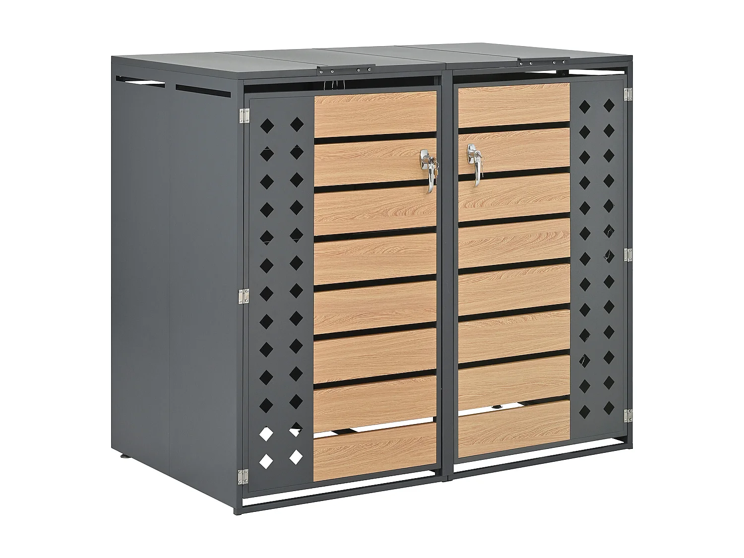 Abri pour 2 poubelles avec couvercle à charnière et verrouillable - Acier + bois - Gris