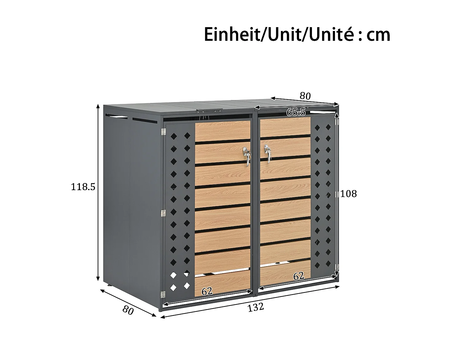 Abri pour 2 poubelles avec couvercle à charnière et verrouillable - Acier + bois - Gris