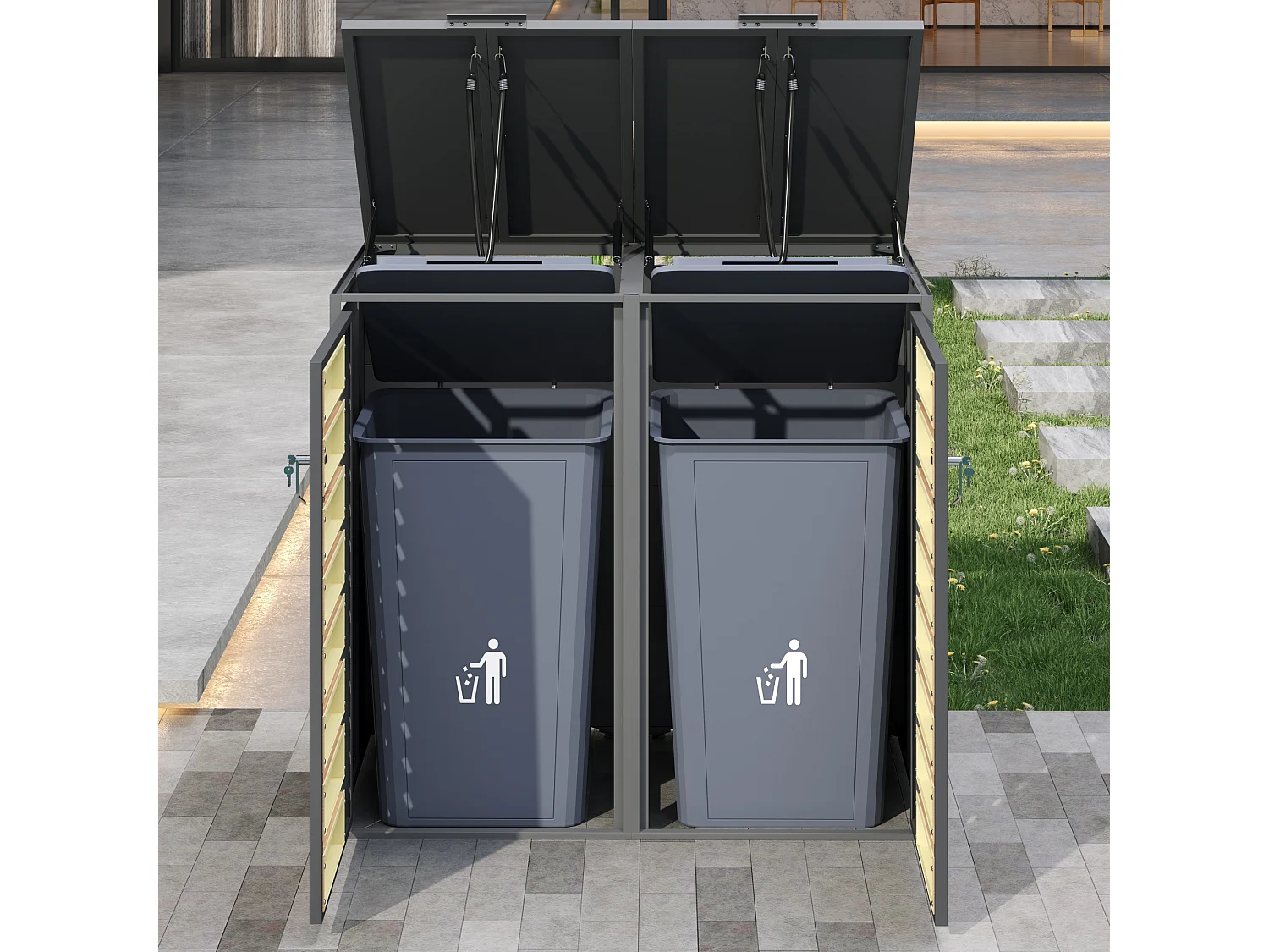 Abri pour 2 poubelles avec couvercle à charnière et verrouillable - Acier + bois - Gris