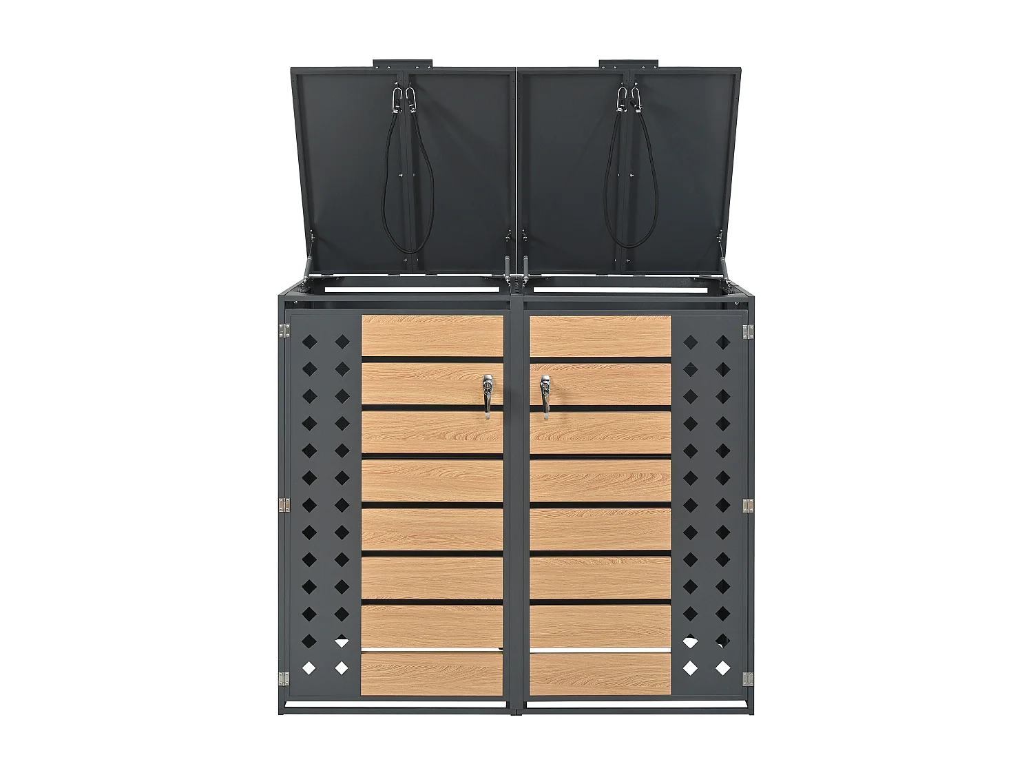 Abri pour 2 poubelles avec couvercle à charnière et verrouillable - Acier + bois - Gris