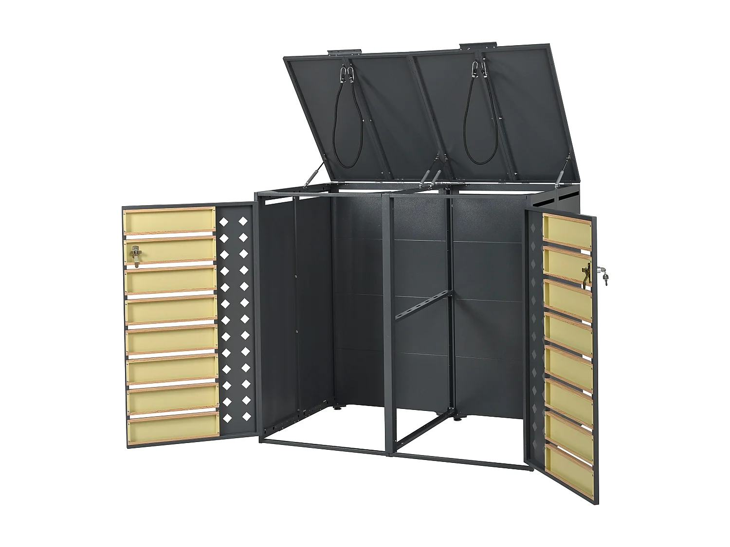 Abri pour 2 poubelles avec couvercle à charnière et verrouillable - Acier + bois - Gris