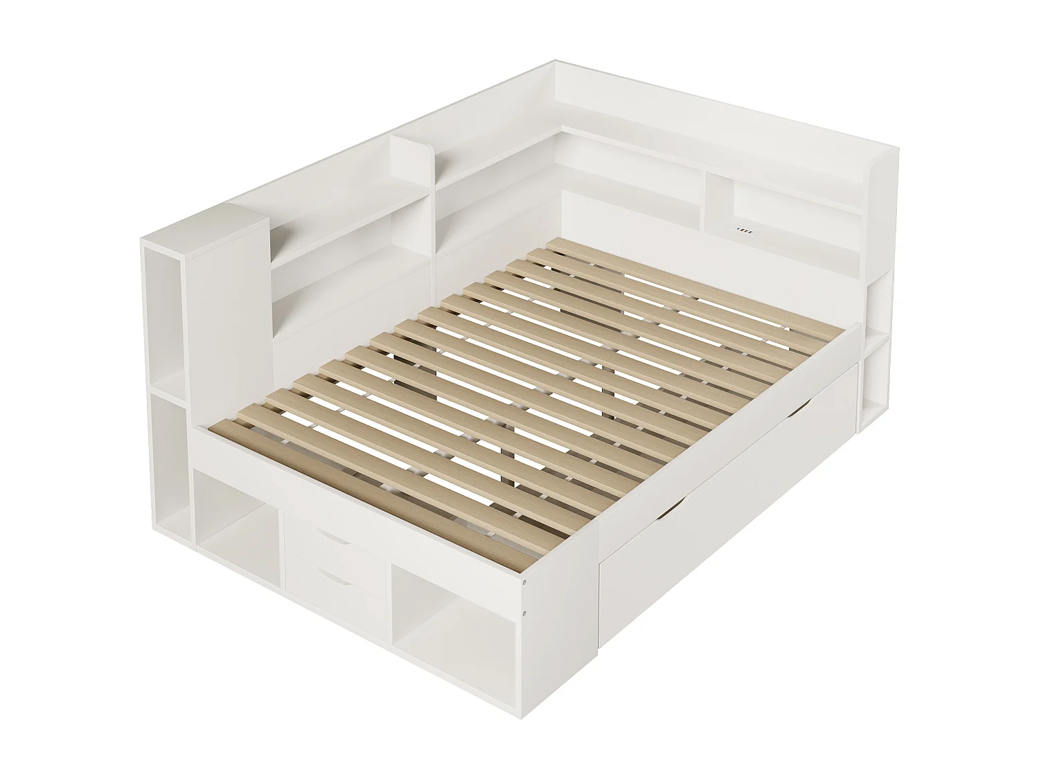 Volwassenenbed 140x200 cm, wit hout, met ledverlichting, USB-poorten, planken en lades (inclusief matras).