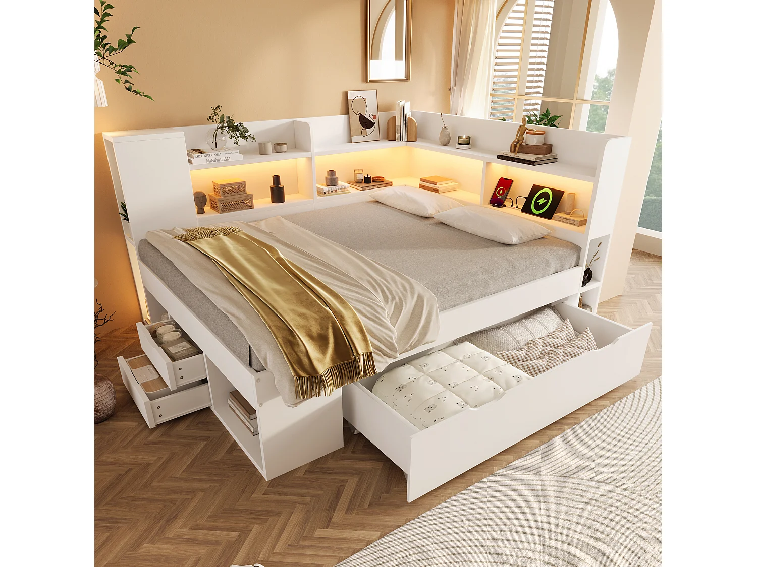 Volwassenenbed 140x200 cm, wit hout, met ledverlichting, USB-poorten, planken en lades (inclusief matras).