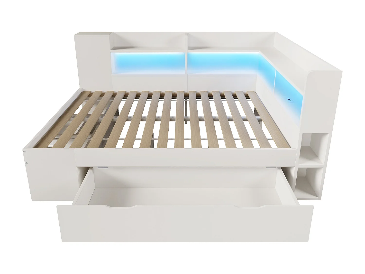 Volwassenenbed 140x200 cm, wit hout, met ledverlichting, USB-poorten, planken en lades (inclusief matras).