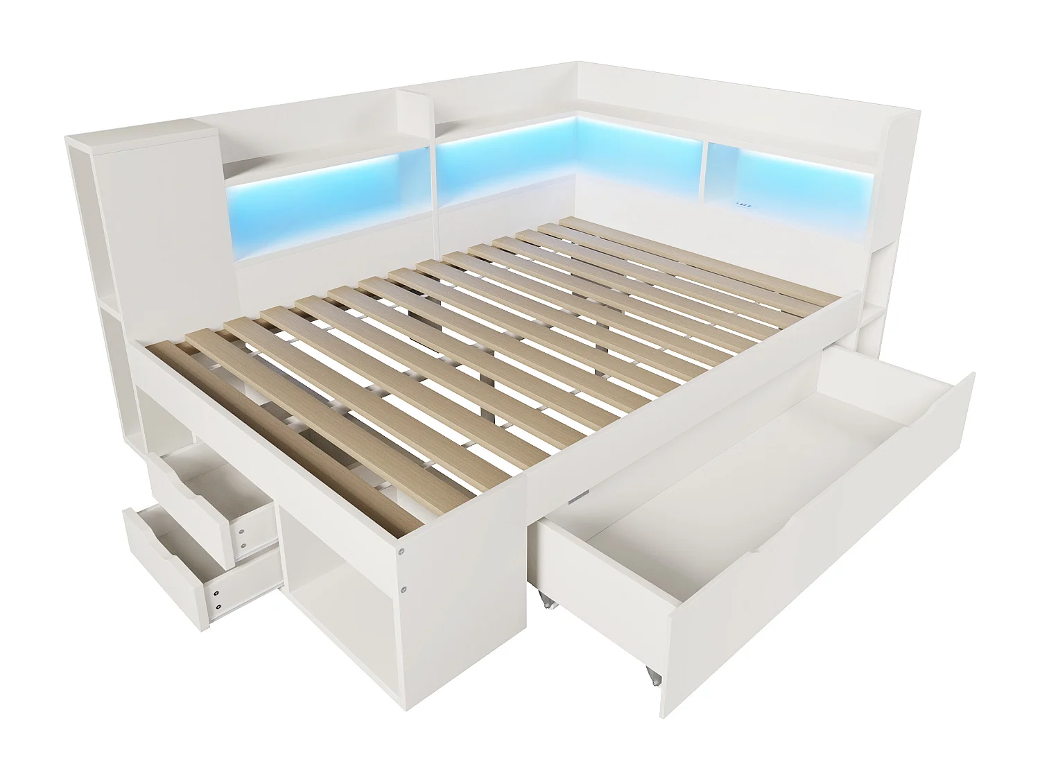 Volwassenenbed 140x200 cm, wit hout, met ledverlichting, USB-poorten, planken en lades (inclusief matras).