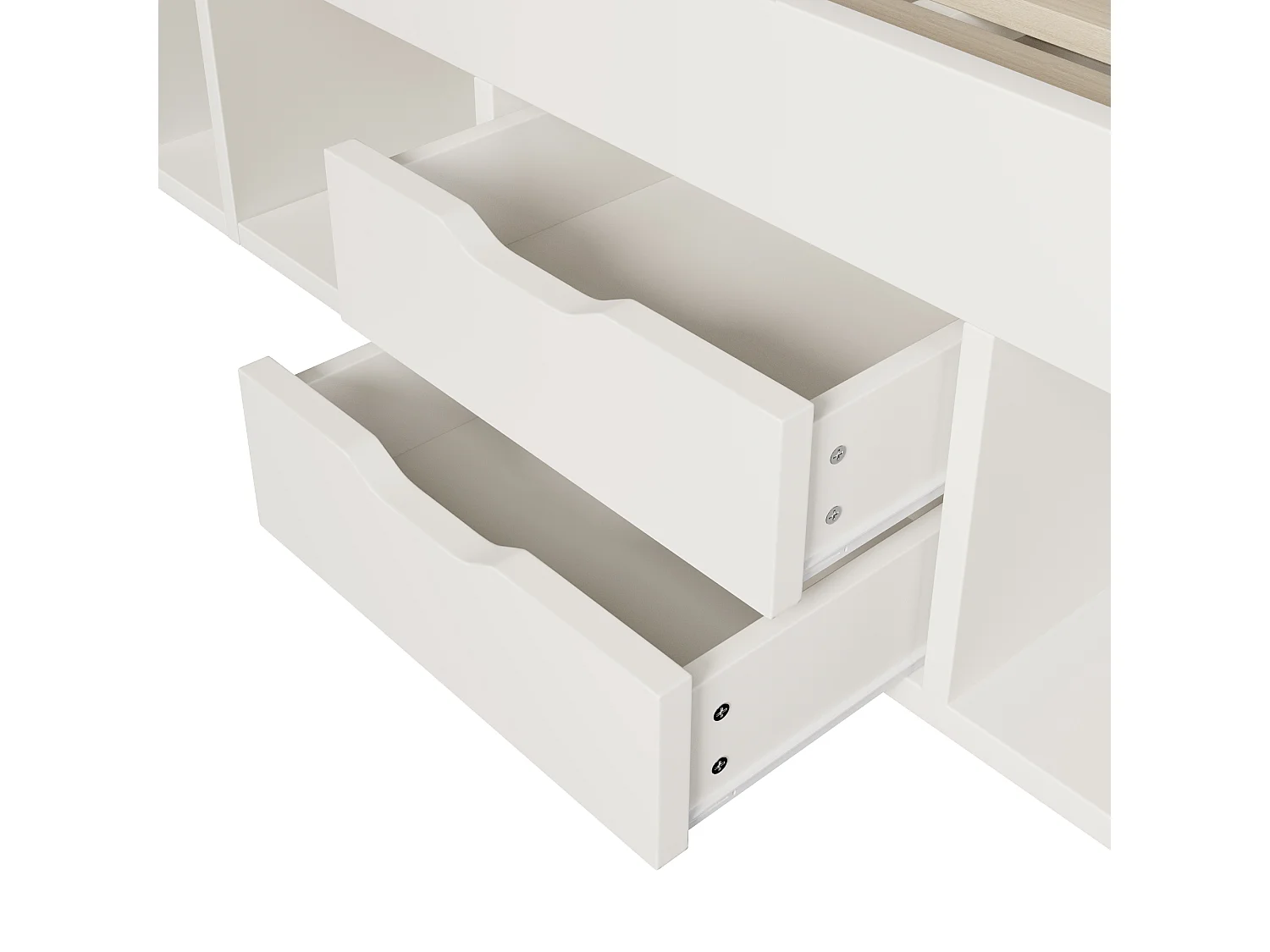 Volwassenenbed 140x200 cm, wit hout, met ledverlichting, USB-poorten, planken en lades (inclusief matras).