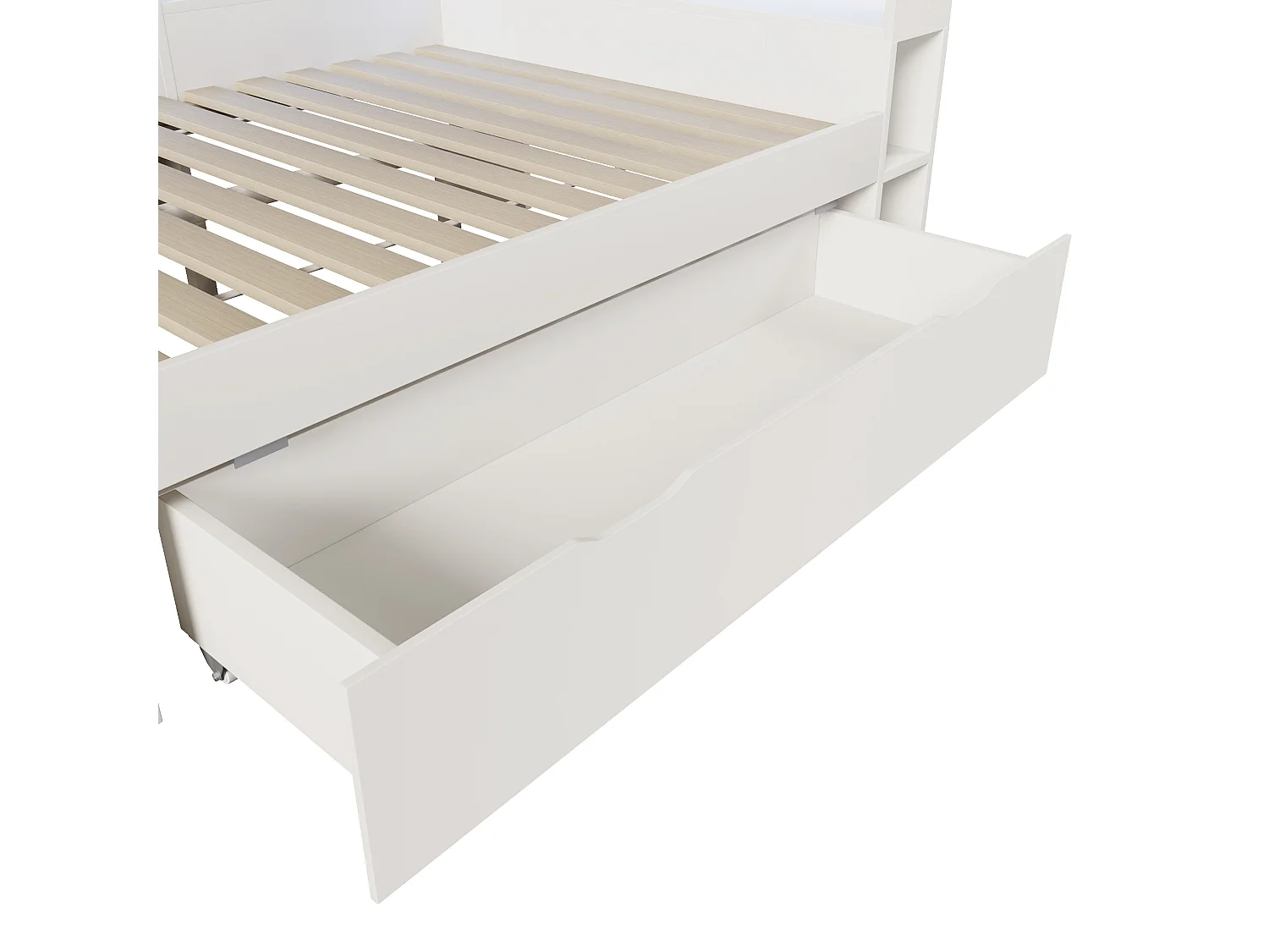 Volwassenenbed 140x200 cm, wit hout, met ledverlichting, USB-poorten, planken en lades (inclusief matras).