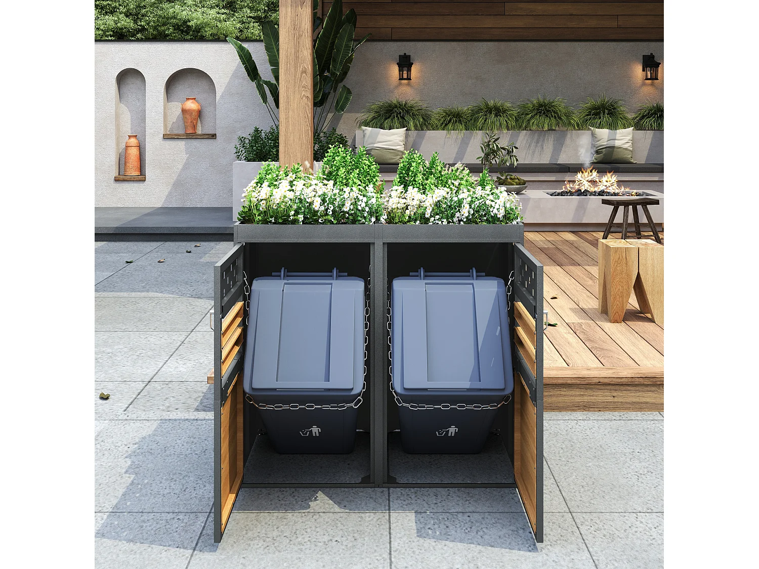 Abri pour 2 poubelles pour 120–240 L anthracite - Portes aspect bois