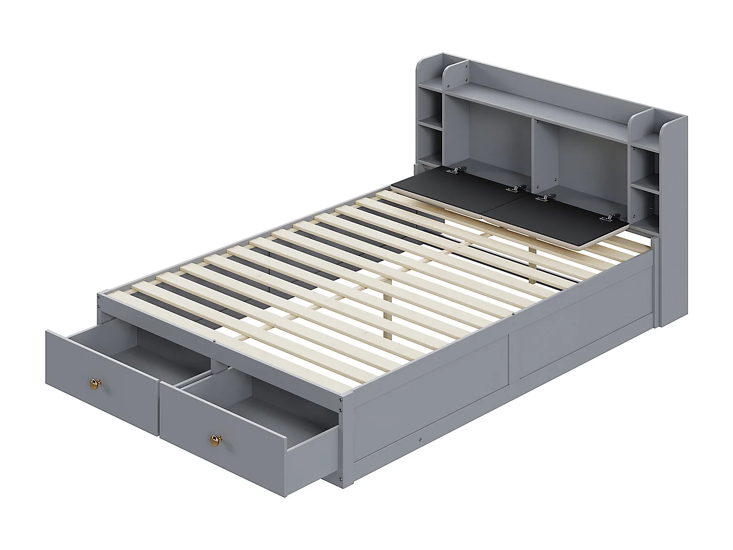 Lit adulte 140 x 200 cm avec rangement et 1 table de chevet, banc - Gris