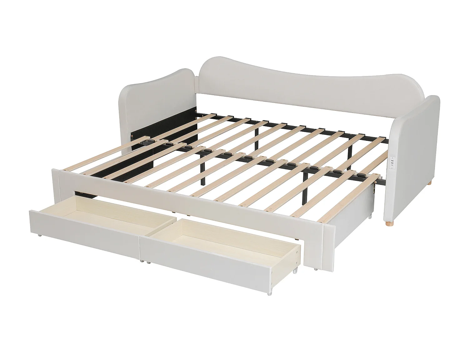 Lit banquette 90x200 cm extensible 180x200 cm - Lit adulte avec 2 tiroirs et port USB - Velours beige