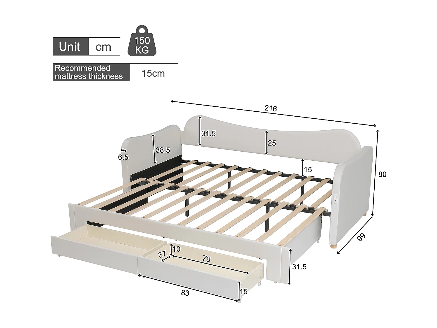 Lit banquette 90x200 cm extensible 180x200 cm - Lit adulte avec 2 tiroirs et port USB - Velours beige