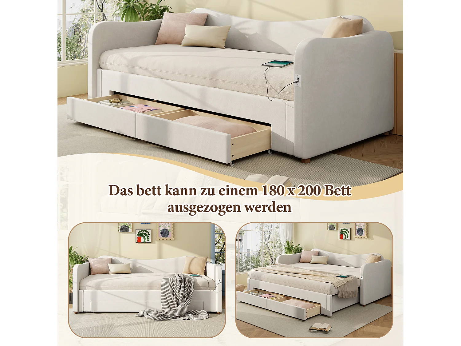 Lit banquette 90x200 cm extensible 180x200 cm - Lit adulte avec 2 tiroirs et port USB - Velours beige