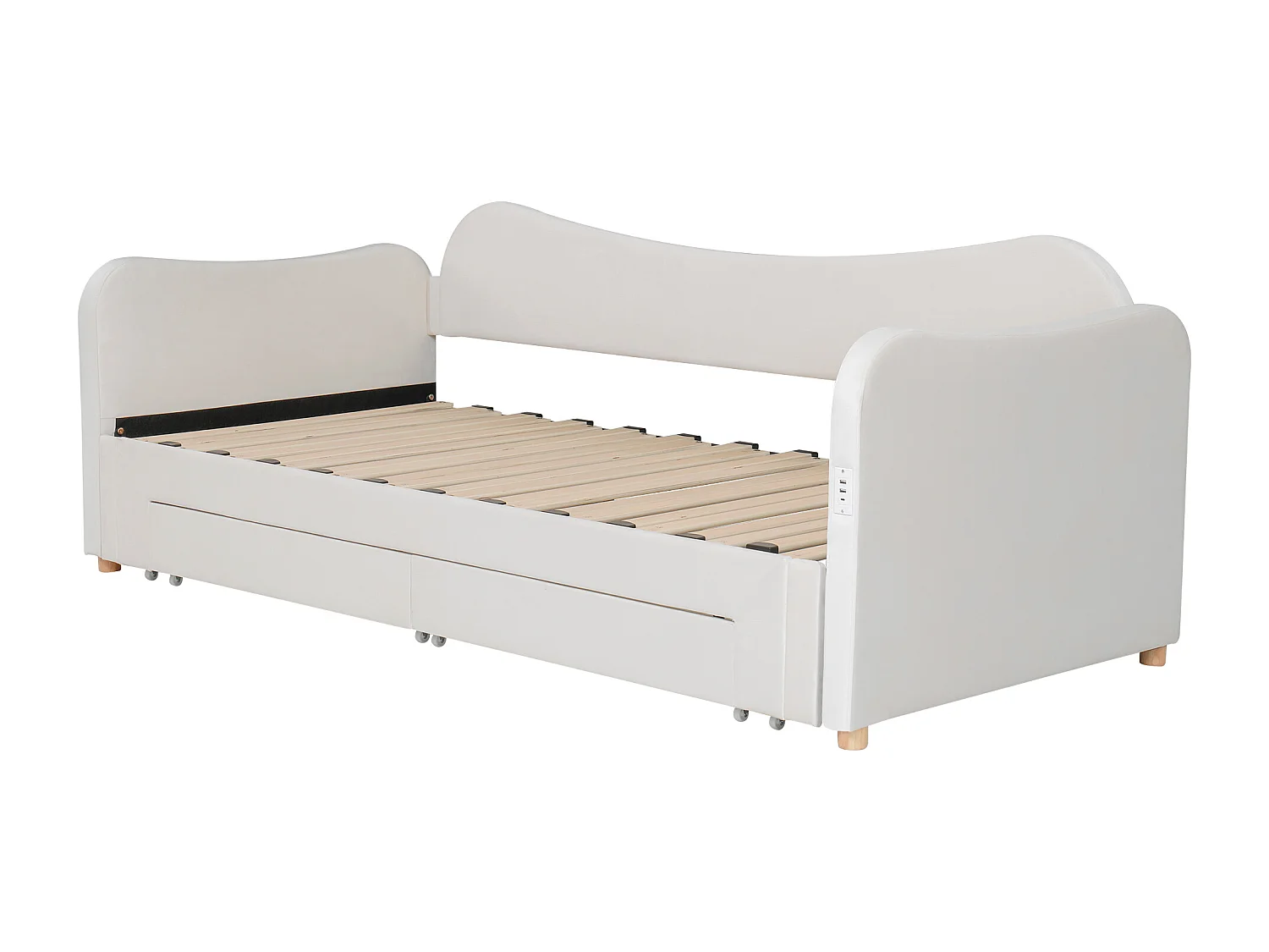 Lit banquette 90x200 cm extensible 180x200 cm - Lit adulte avec 2 tiroirs et port USB - Velours beige