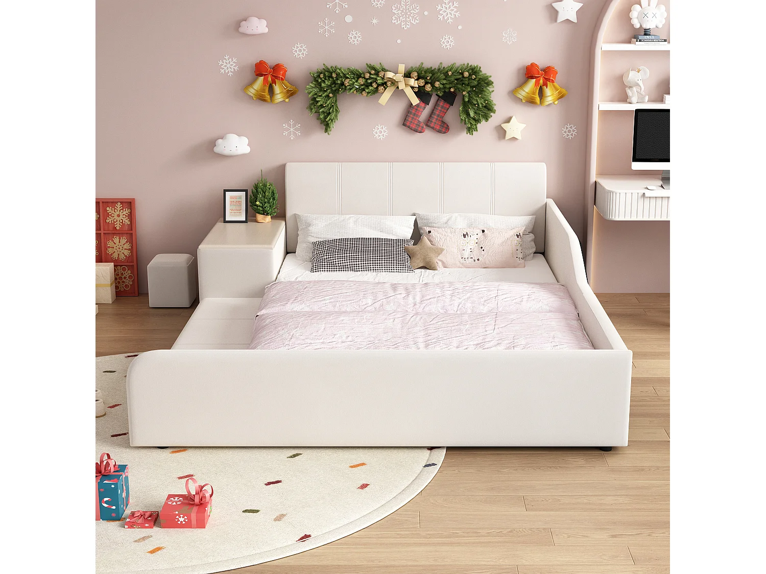 Lit enfant 140x200 cm en velours blanc avec bureau, tabouret et rangements