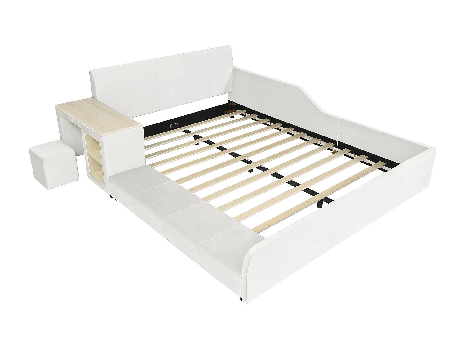 Lit enfant 140x200 cm en velours blanc avec bureau, tabouret et rangements