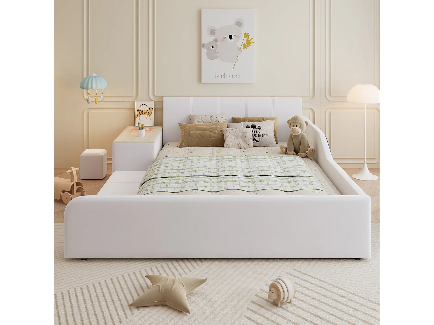 Lit enfant 140x200 cm en velours blanc avec bureau, tabouret et rangements